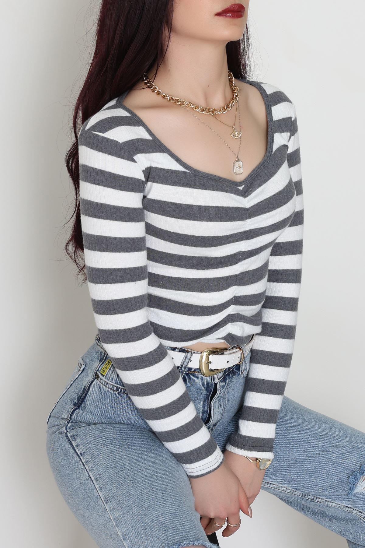 Kalp Yaka Büzgülü Kaşkorse Bluz Antibeyaz - 51092.1567.