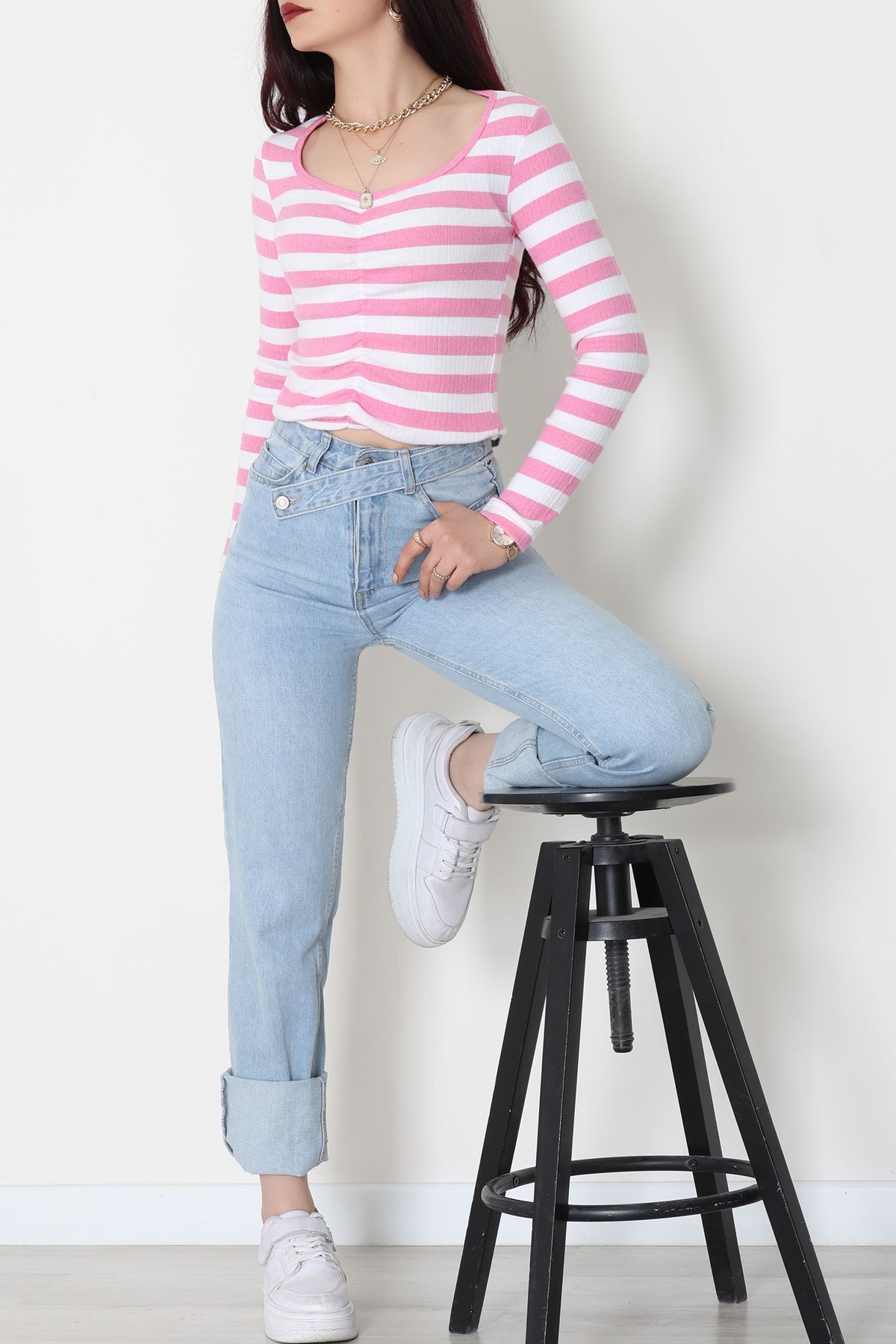 Kalp Yaka Büzgülü Kaşkorse Bluz Pembebeyaz - 51092.1567.