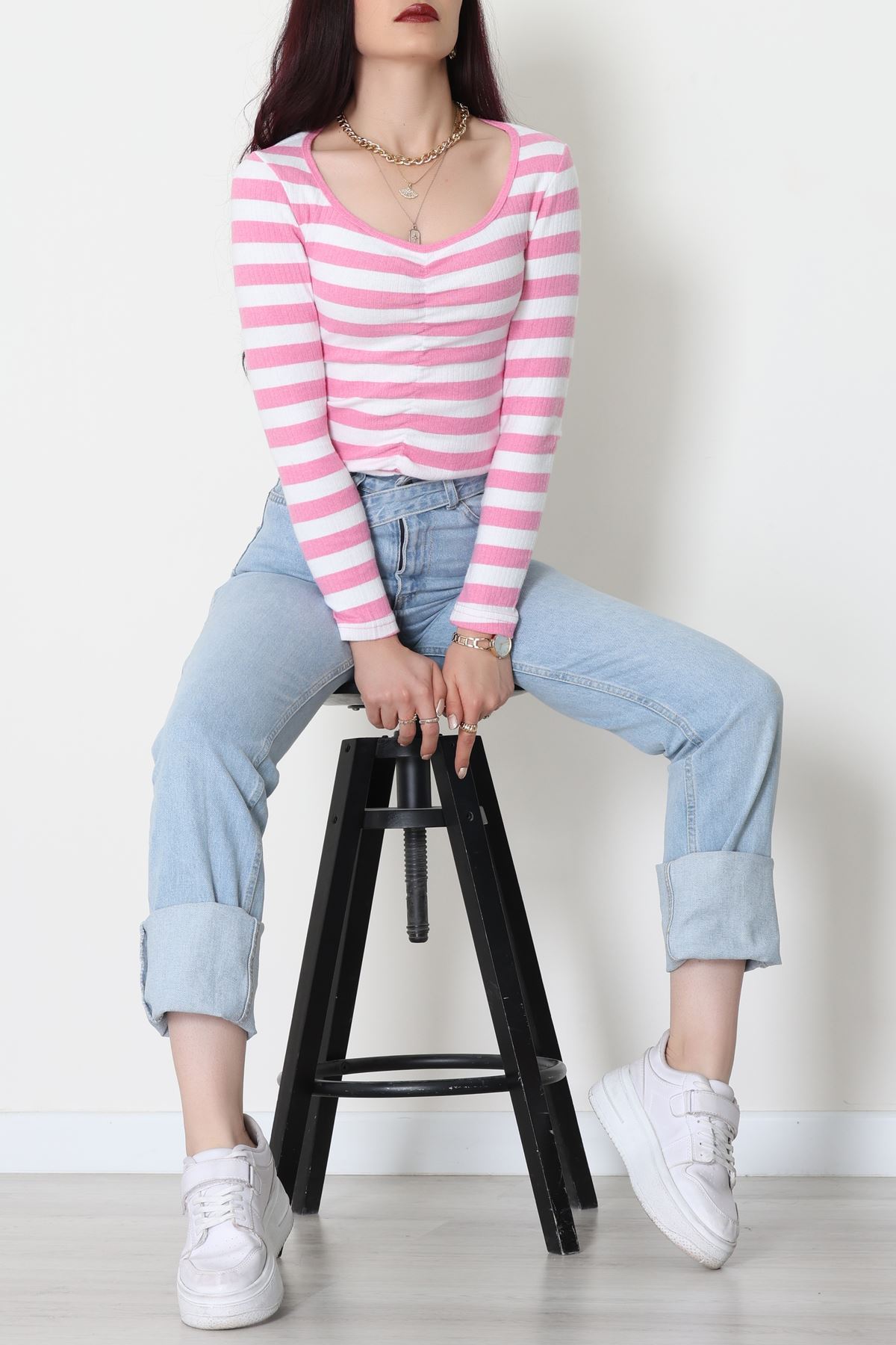 Kalp Yaka Büzgülü Kaşkorse Bluz Pembebeyaz - 51092.1567.