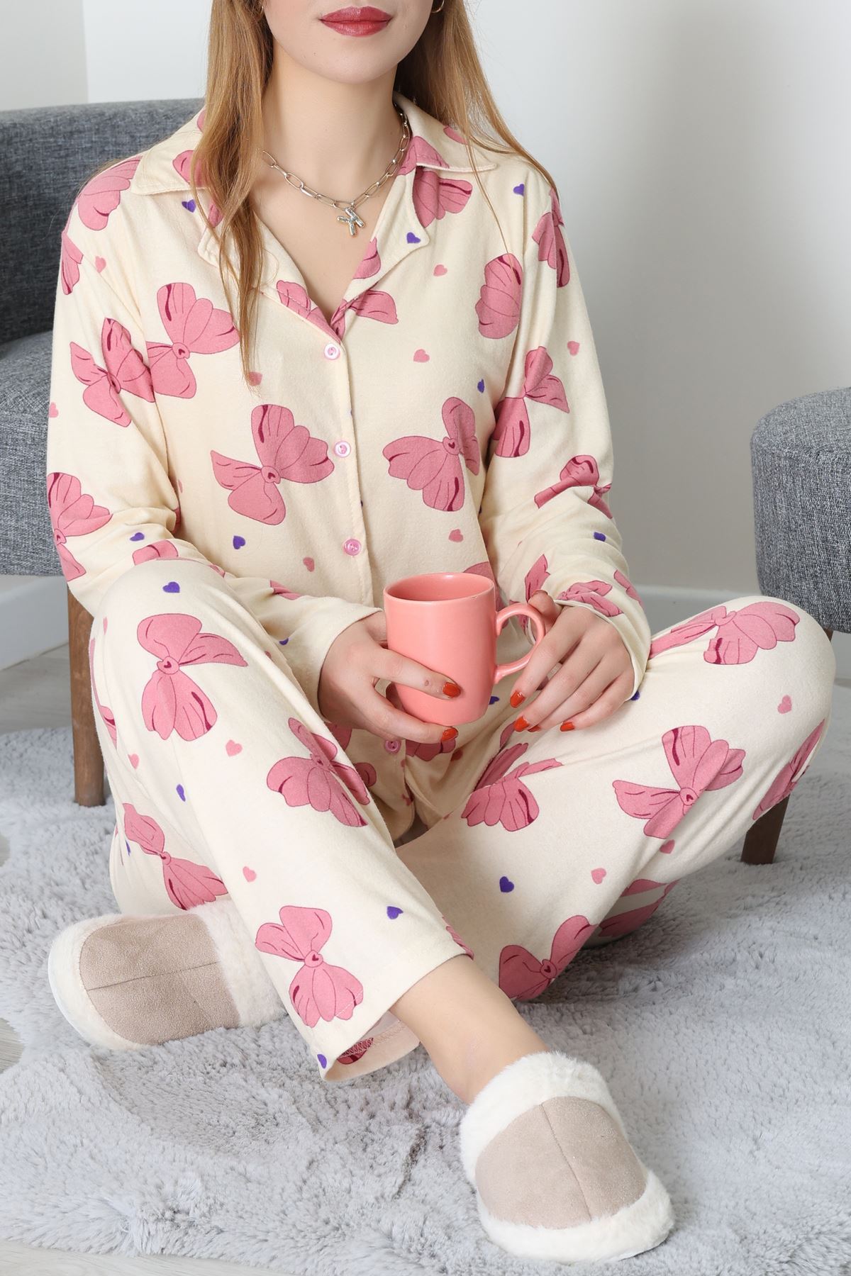 Düğmeli Süet Takım Pembebej - 450.1287.