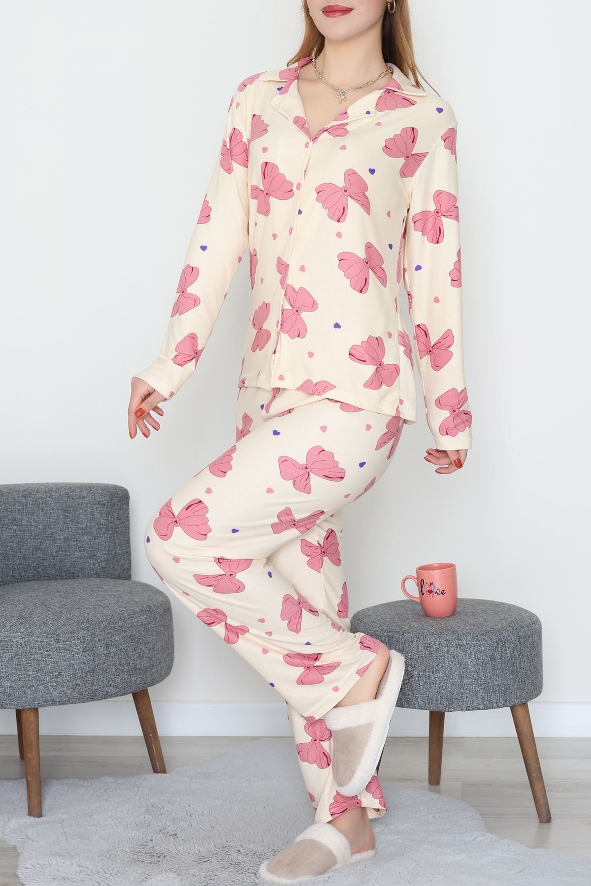 Düğmeli Süet Takım Pembebej - 450.1287.