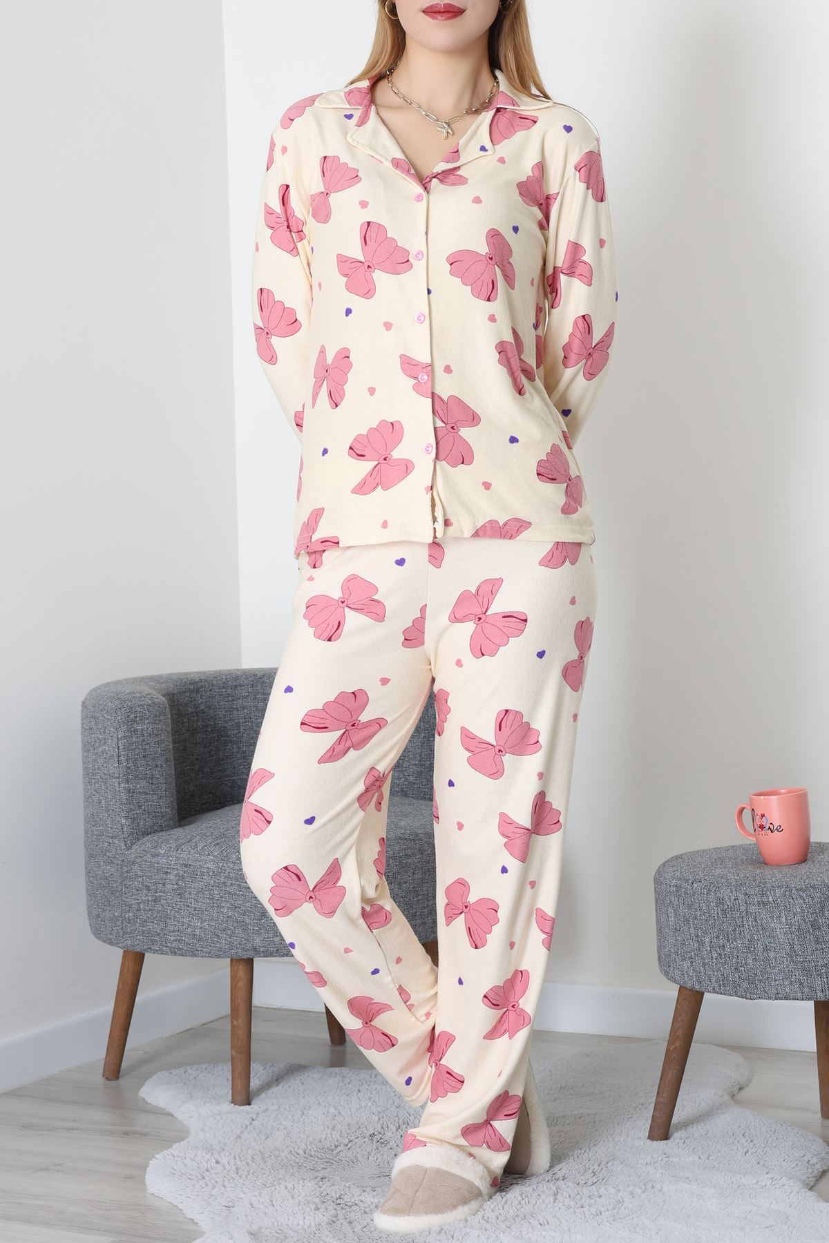 Düğmeli Süet Takım Pembebej - 450.1287.