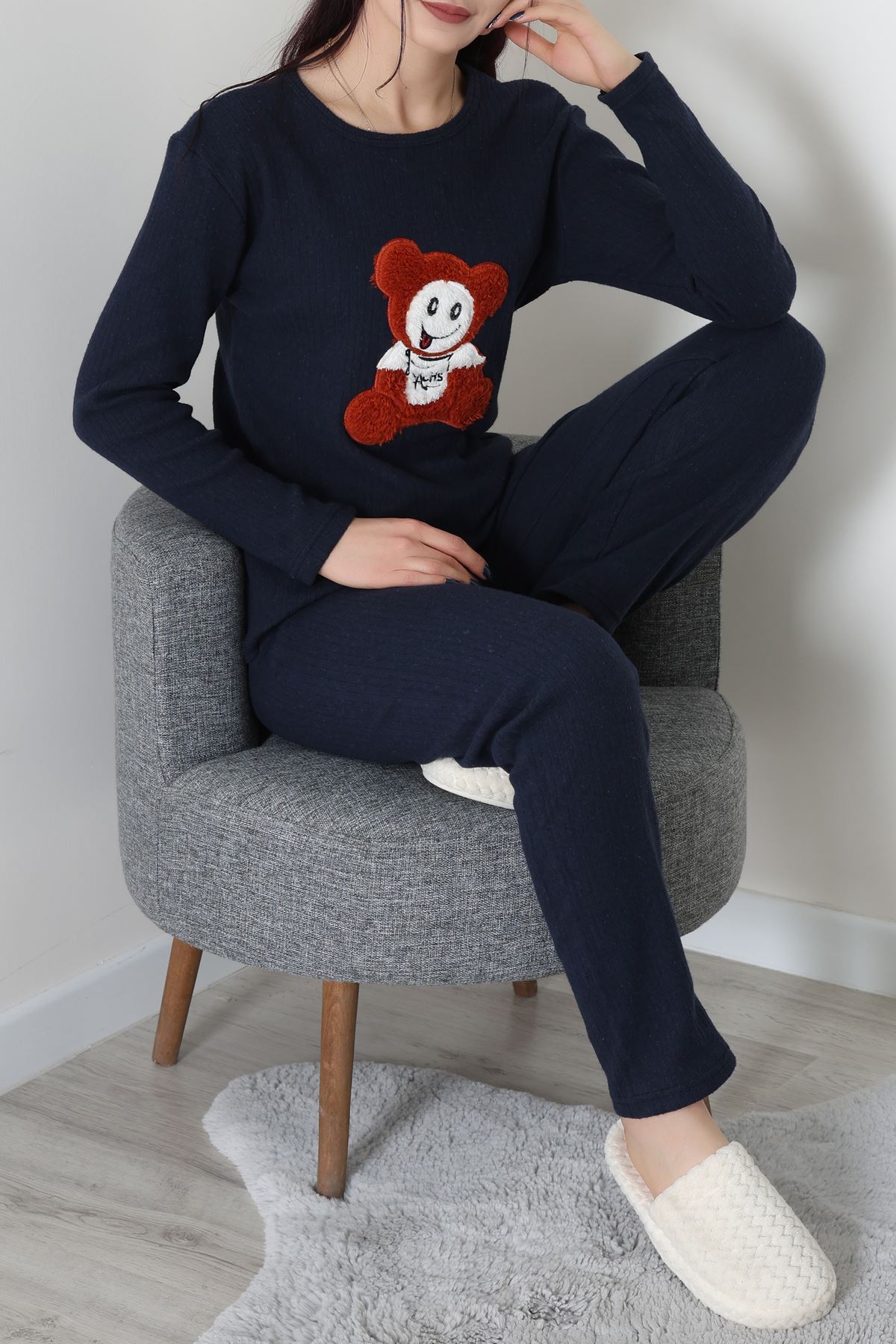 Nakışlı İnterlok Pijama Takımı Lacivertoranj - 800.1287.