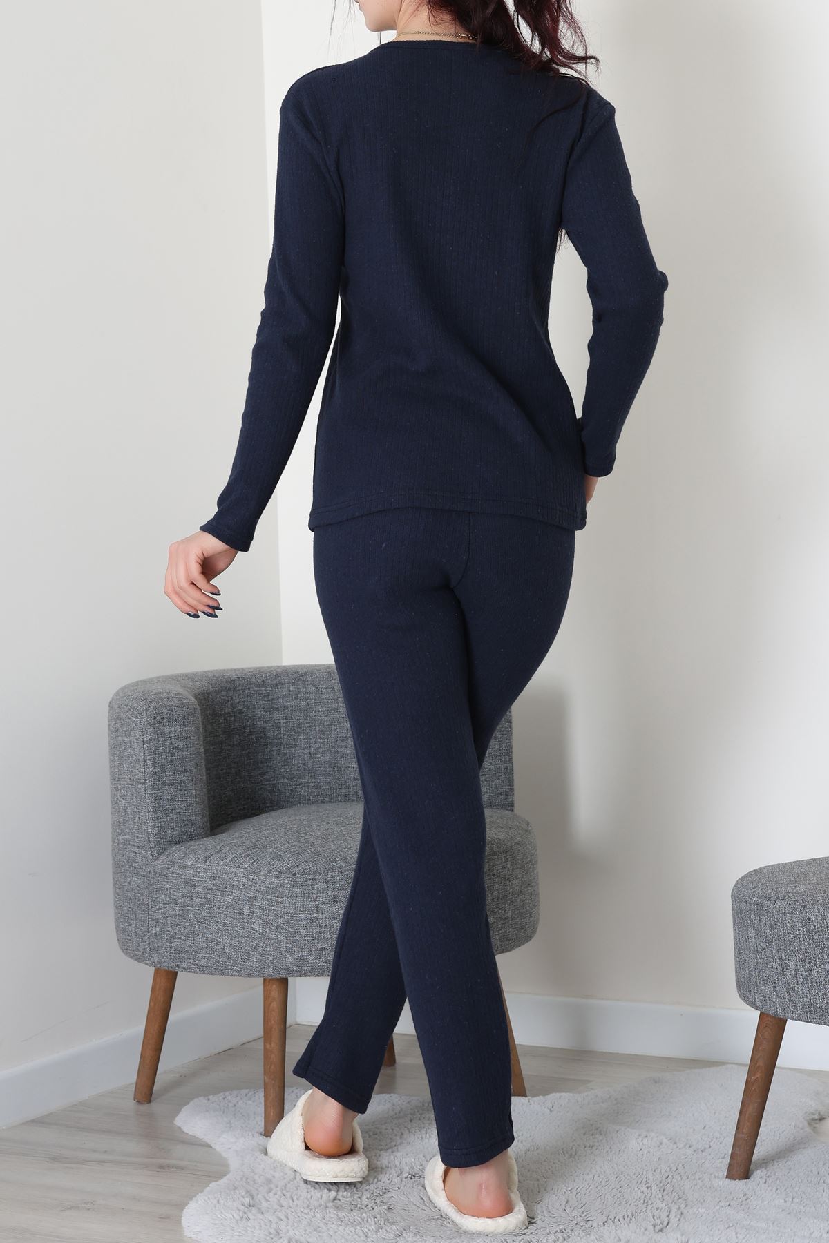 Nakışlı İnterlok Pijama Takımı Lacivertoranj - 800.1287.