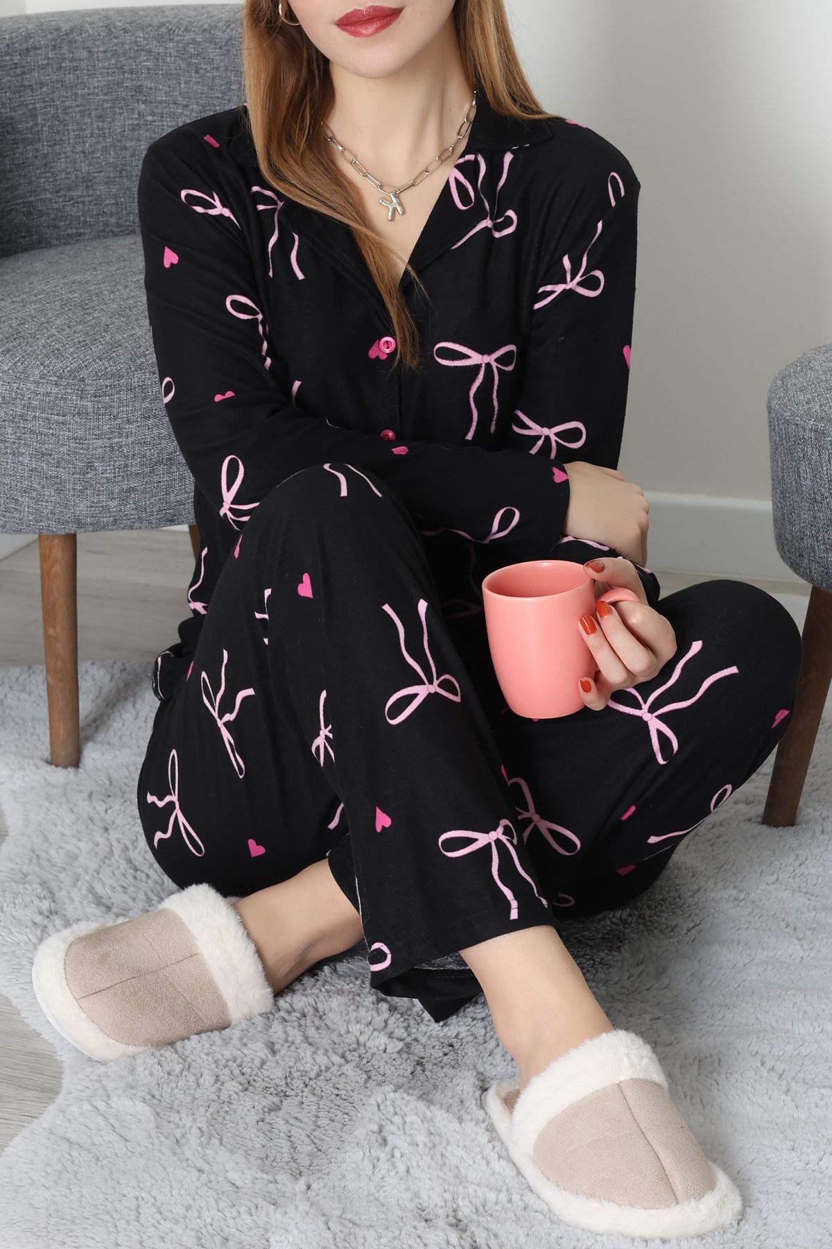 Düğmeli Süet Takım Pembekurdele - 450.1287.