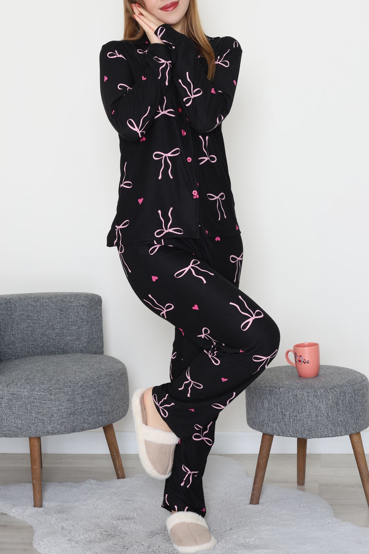 Düğmeli Süet Takım Pembekurdele - 450.1287.