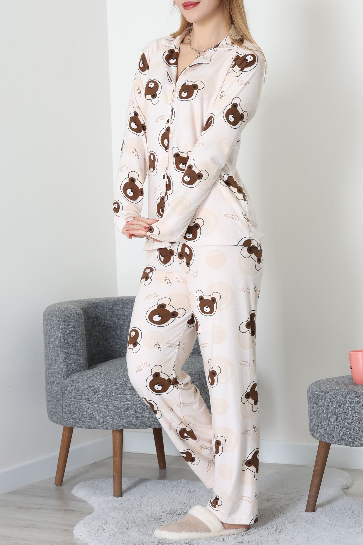 Düğmeli Süet Takım Koyukahvebej - 450.1287.