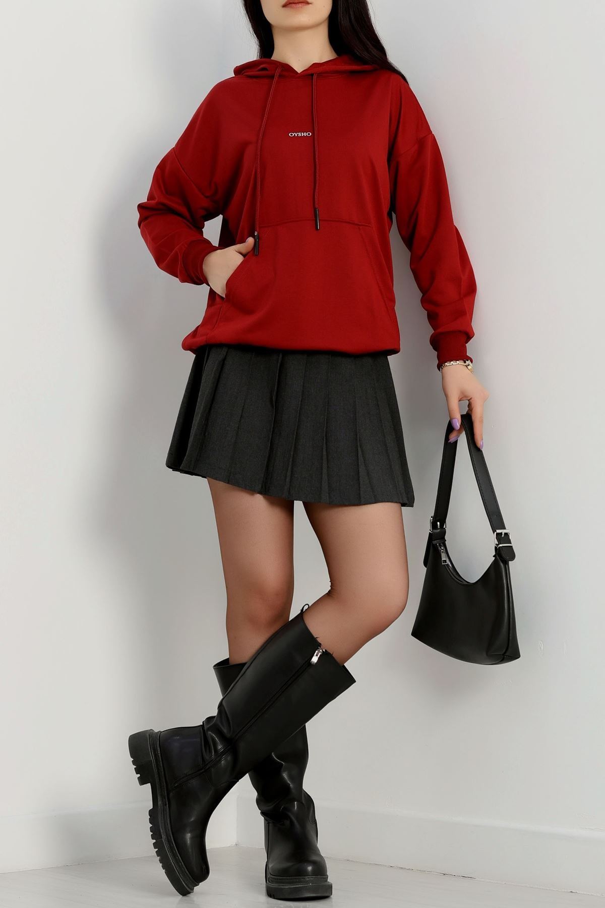 2 İplik Kapşonlu Baskılı Sweatshirt Bordo - 31316.1878.