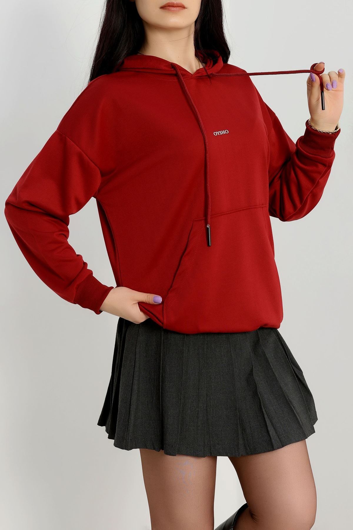 2 İplik Kapşonlu Baskılı Sweatshirt Bordo - 31316.1878.