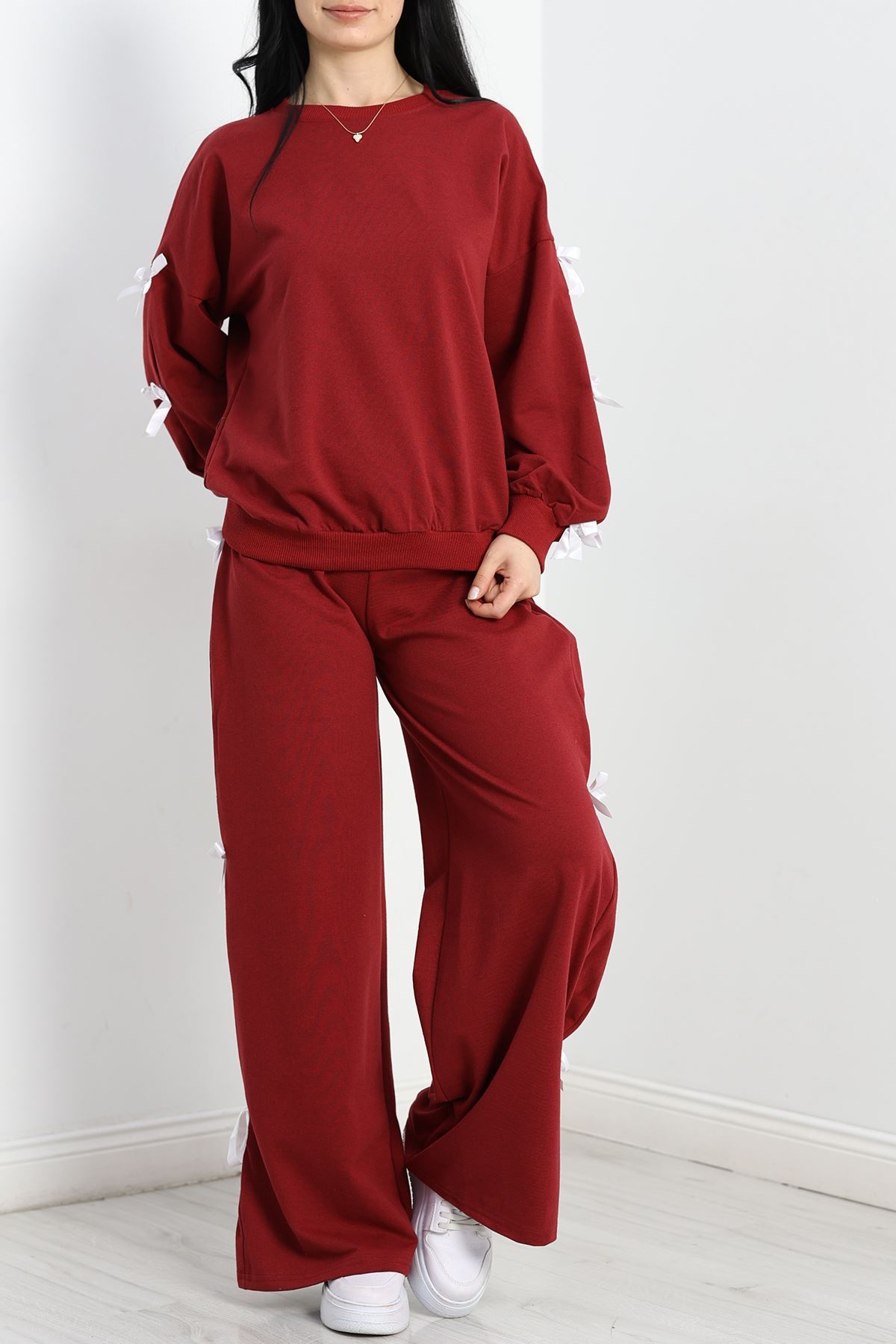 Özel Tasarımlı İki İplik Kurdeleli Eşofman Takım Bordo - 70165.1857.