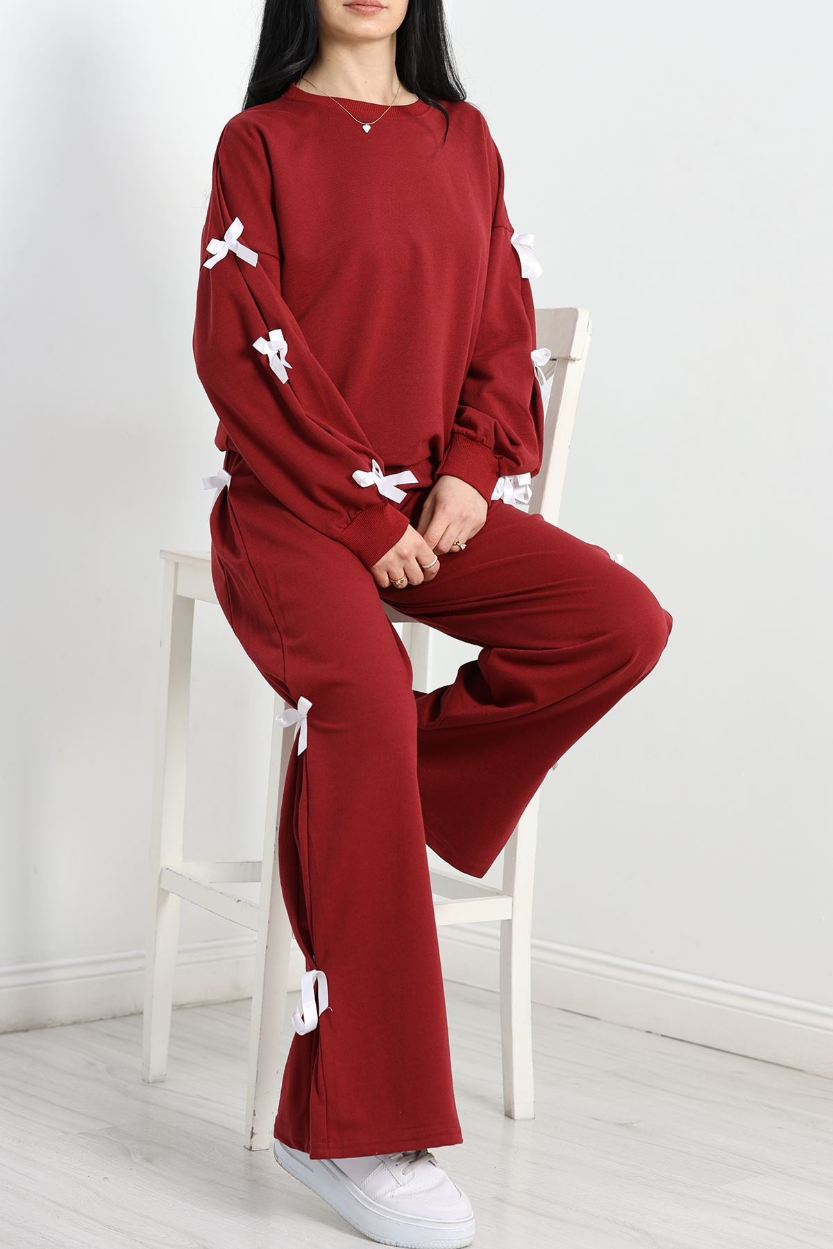 Özel Tasarımlı İki İplik Kurdeleli Eşofman Takım Bordo - 70165.1857.