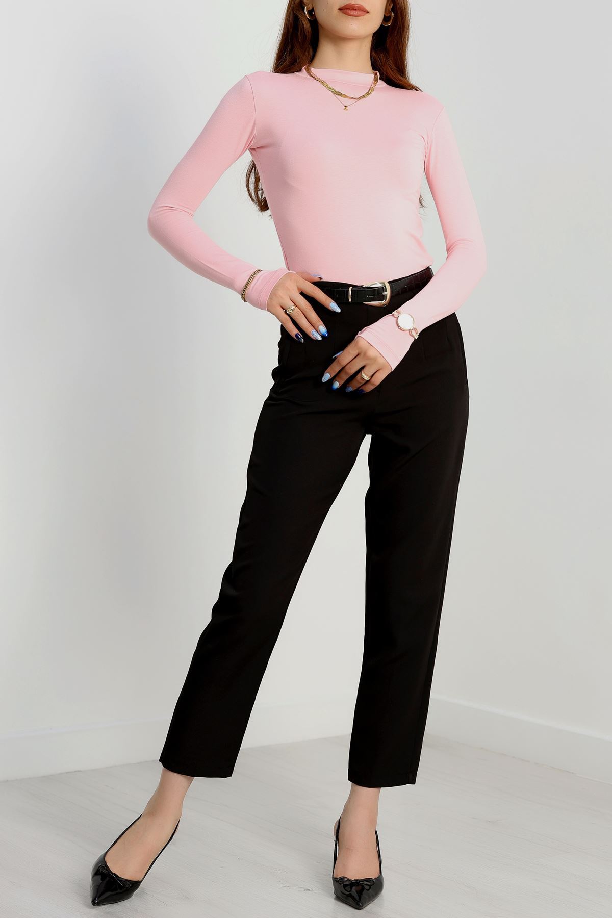 Dik Yaka Parmak Geçmeli Viskon Body Pembe - 40076.599.