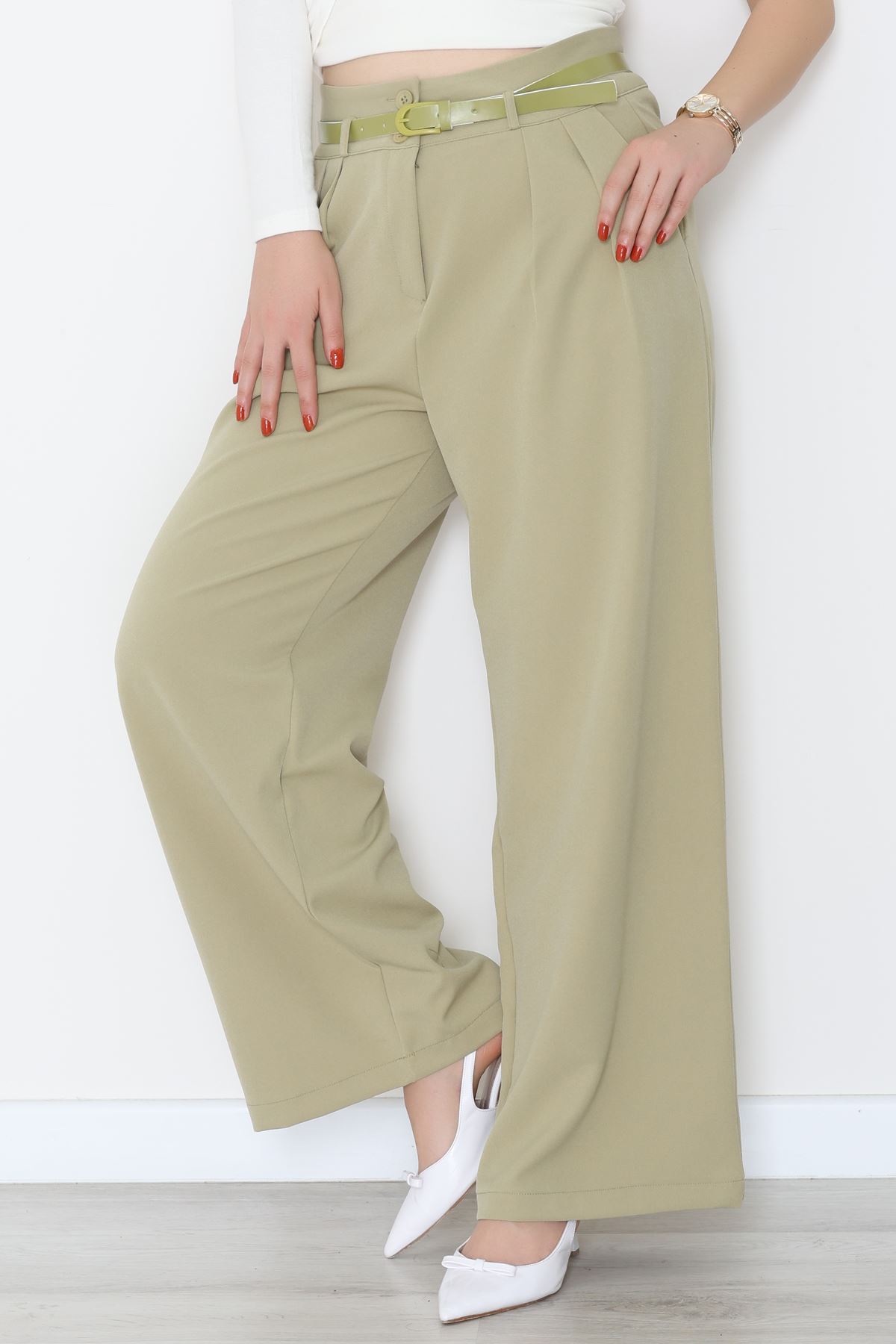 Dabıl Kumaş Kemerli Çift Düğme Pileli Palazzo Pantolon Çağla - 2084.1991.