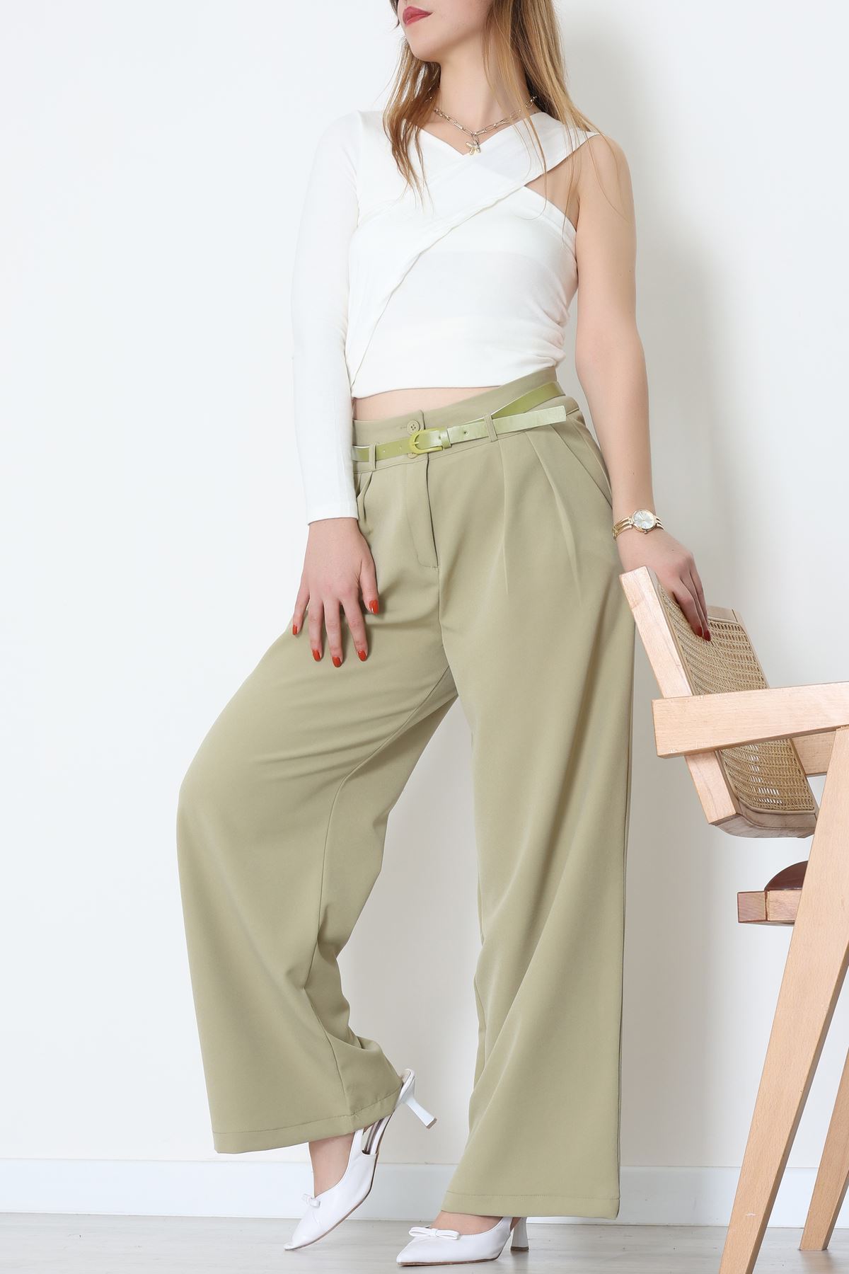 Dabıl Kumaş Kemerli Çift Düğme Pileli Palazzo Pantolon Çağla - 2084.1991.