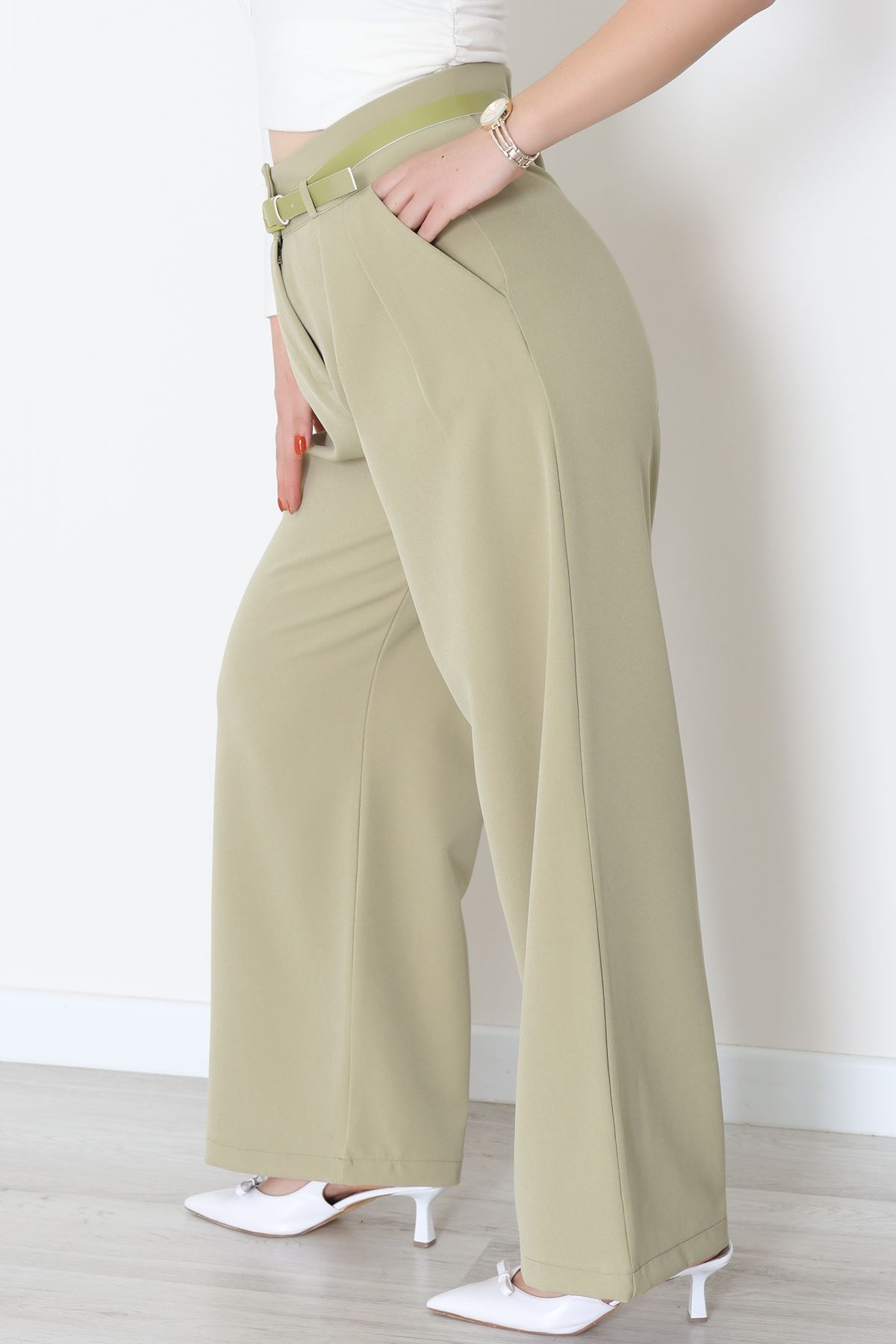 Dabıl Kumaş Kemerli Çift Düğme Pileli Palazzo Pantolon Çağla - 2084.1991.