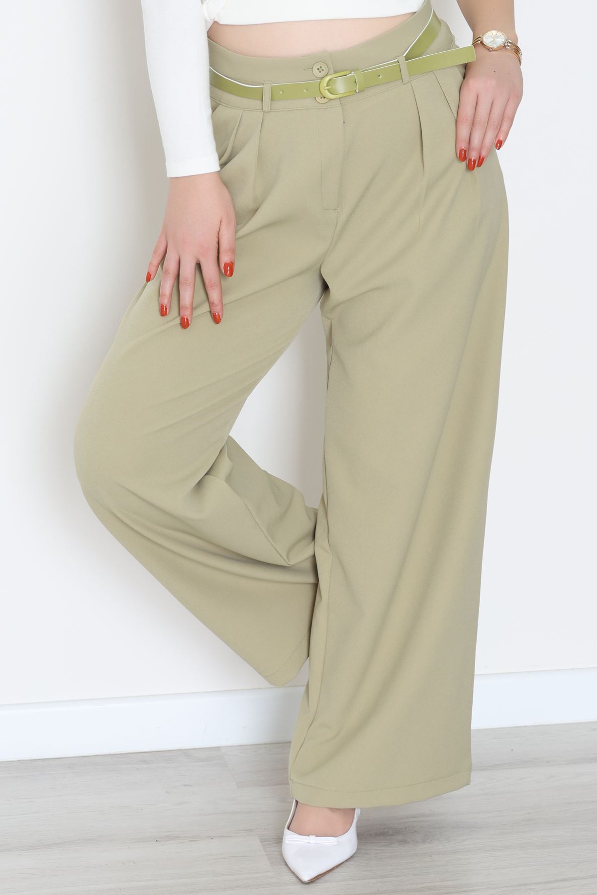 Dabıl Kumaş Kemerli Çift Düğme Pileli Palazzo Pantolon Çağla - 2084.1991.