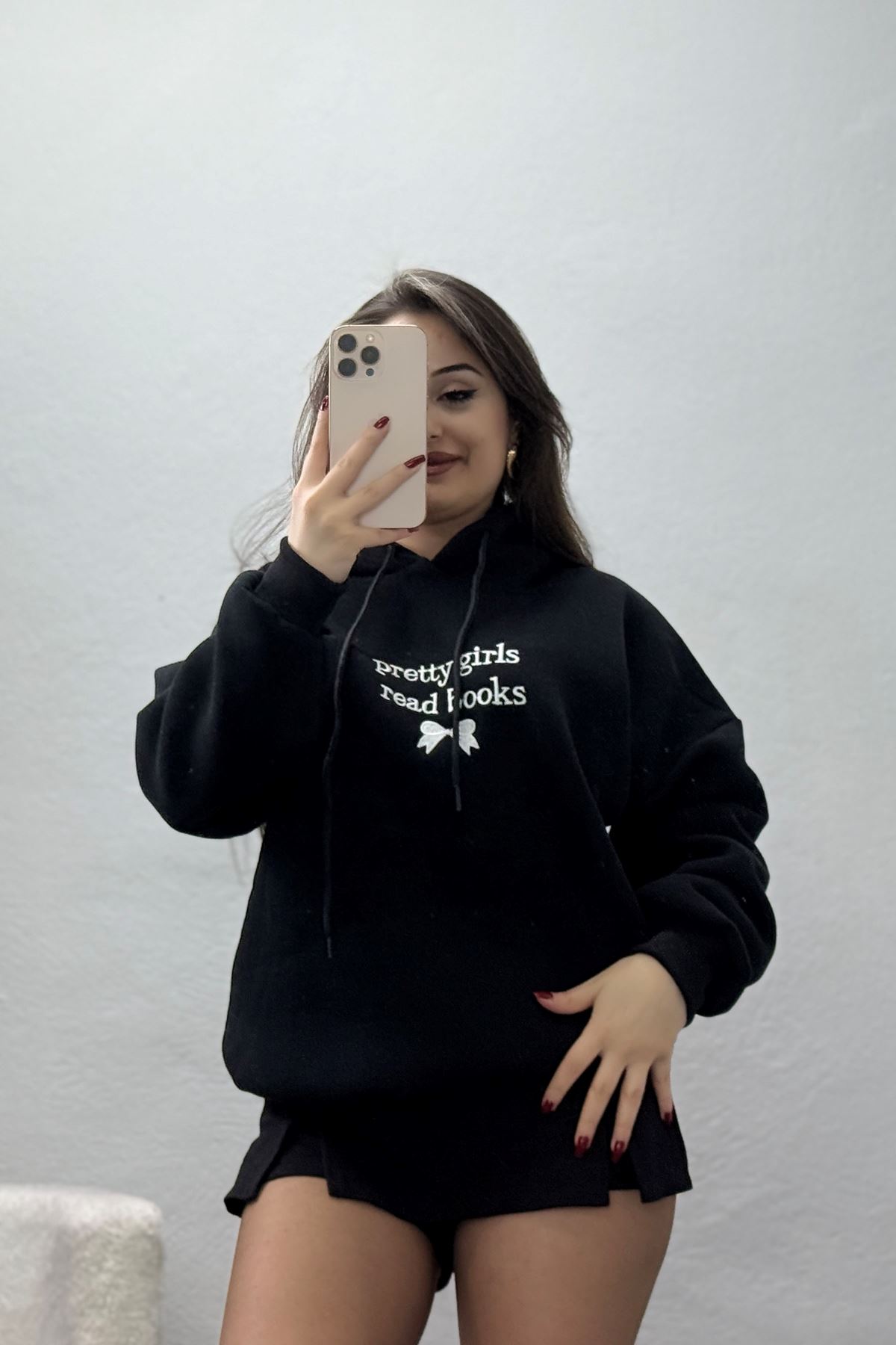 3 İplik Kapşonlu Nakışlı Sweat Siyahbeyaz - 42228.1878.