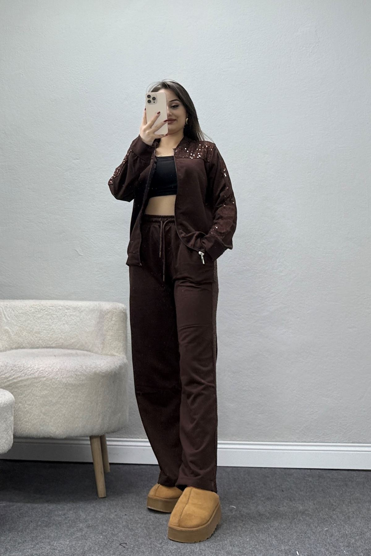 Pul Garnili 2 İplik Eşofman Takımı Kahve - 52109.1567.