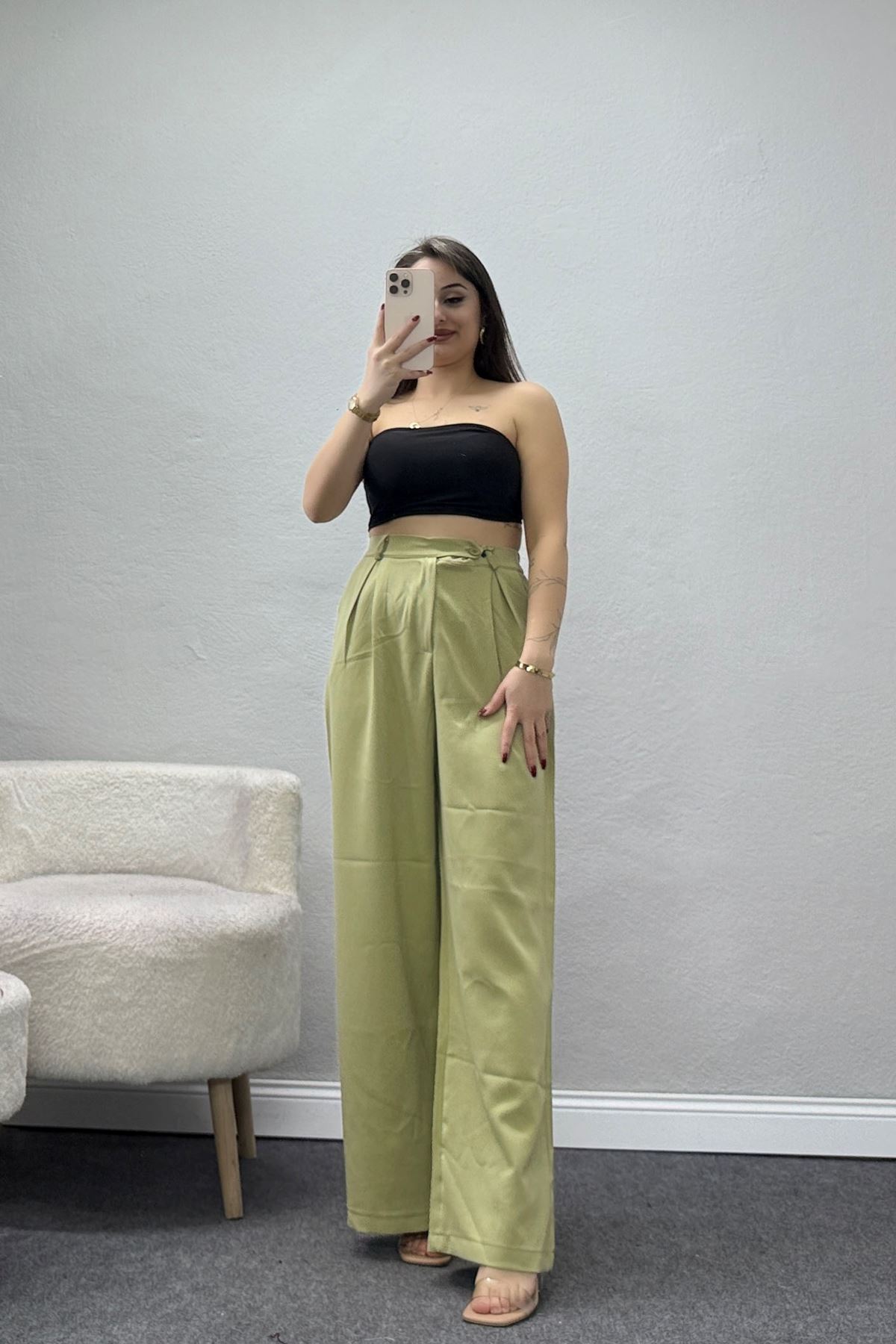 Dabıl Kumaş Önden Pileli Palazzo Pantolon Çağla - 2081.1991.