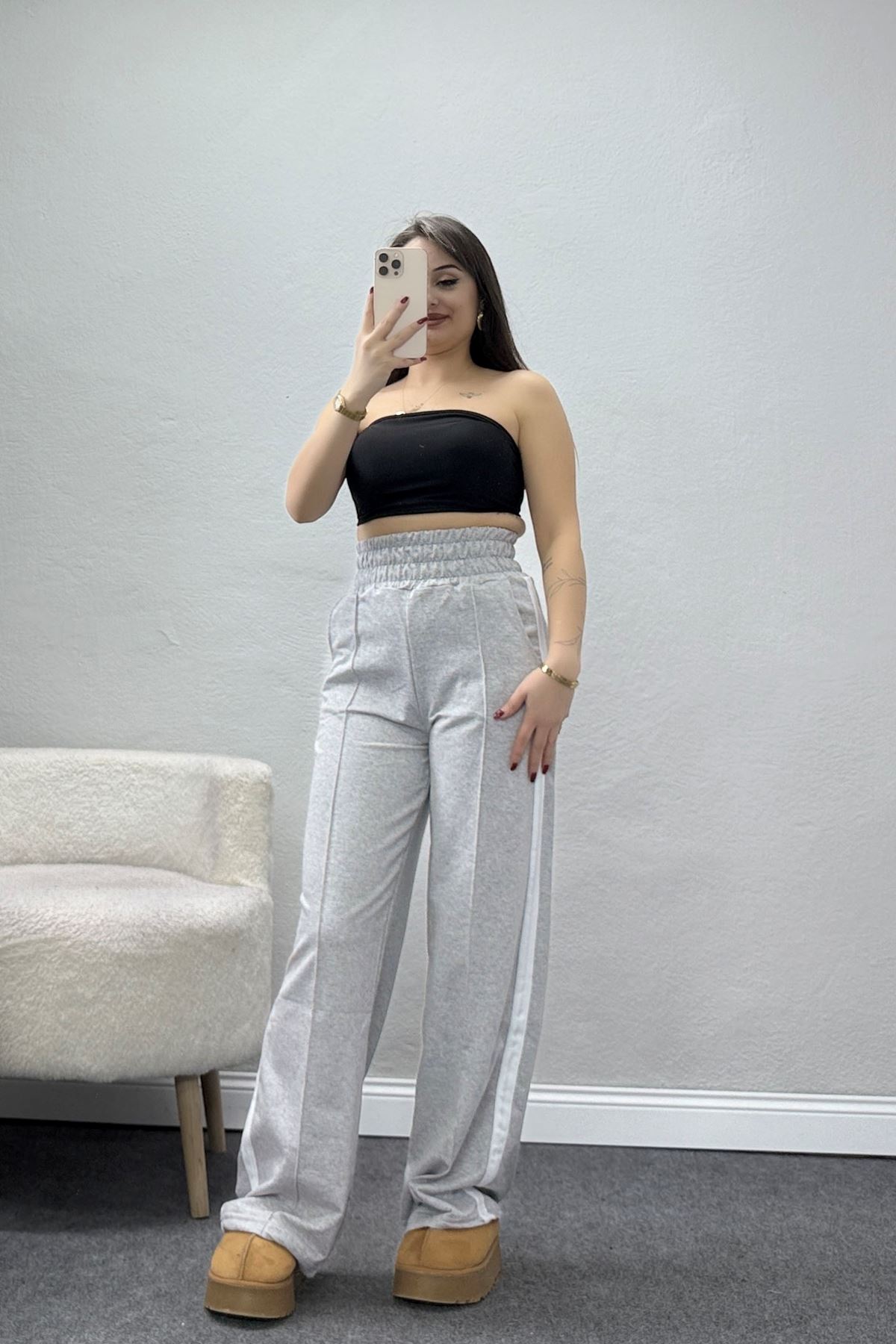 Şeritli 2 İplik Eşofman Altı Gri - 52103.1005.