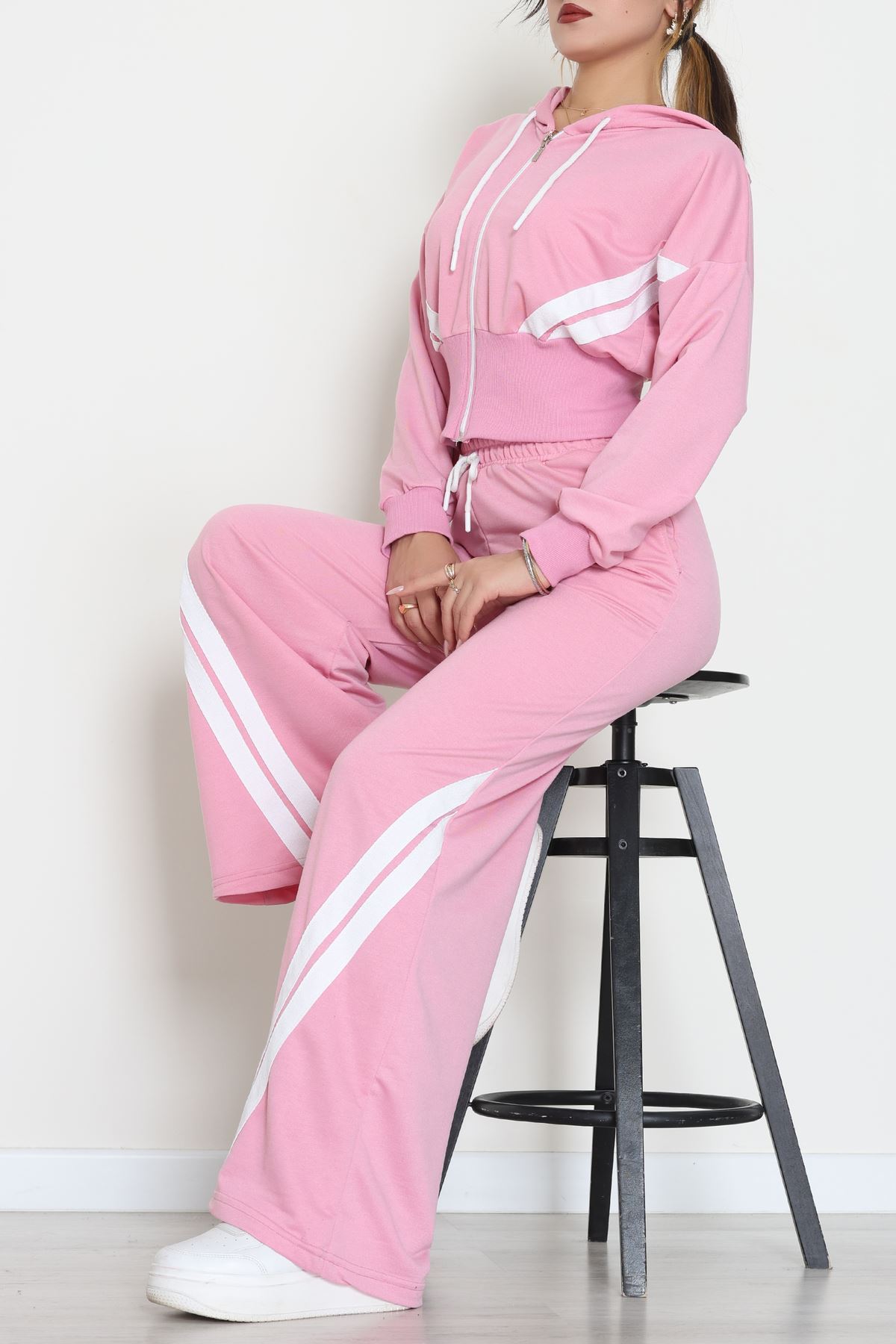 Keten Şertili 2 İplik Eşofman Takımı Pembebeyaz - 52079.1857.