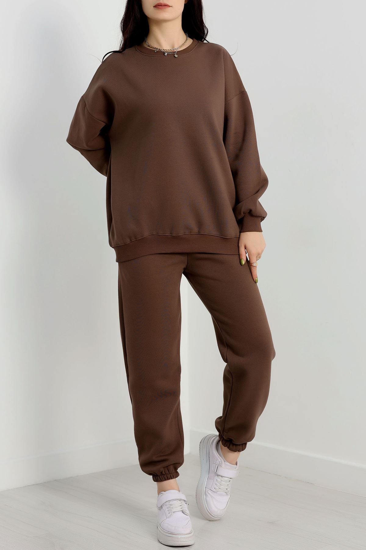 3 İplik Bisiklet Yaka Eşofman Takımı Kahve - 20779.1878.