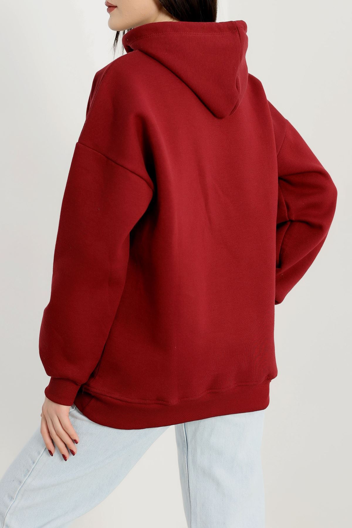 3 İplik Kanguru Cepli Kapşonlu Sweat Bordo - 20960.1878.