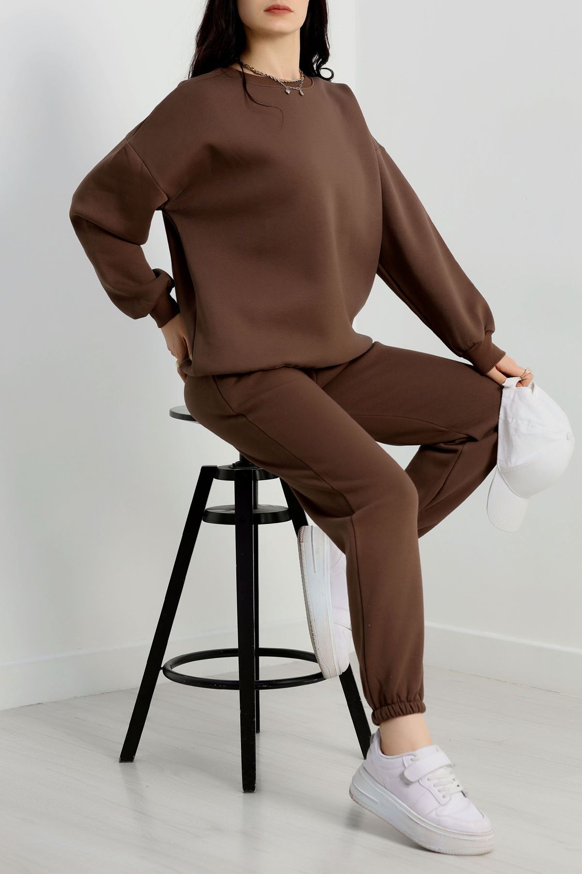 3 İplik Bisiklet Yaka Eşofman Takımı Kahve - 20779.1878.