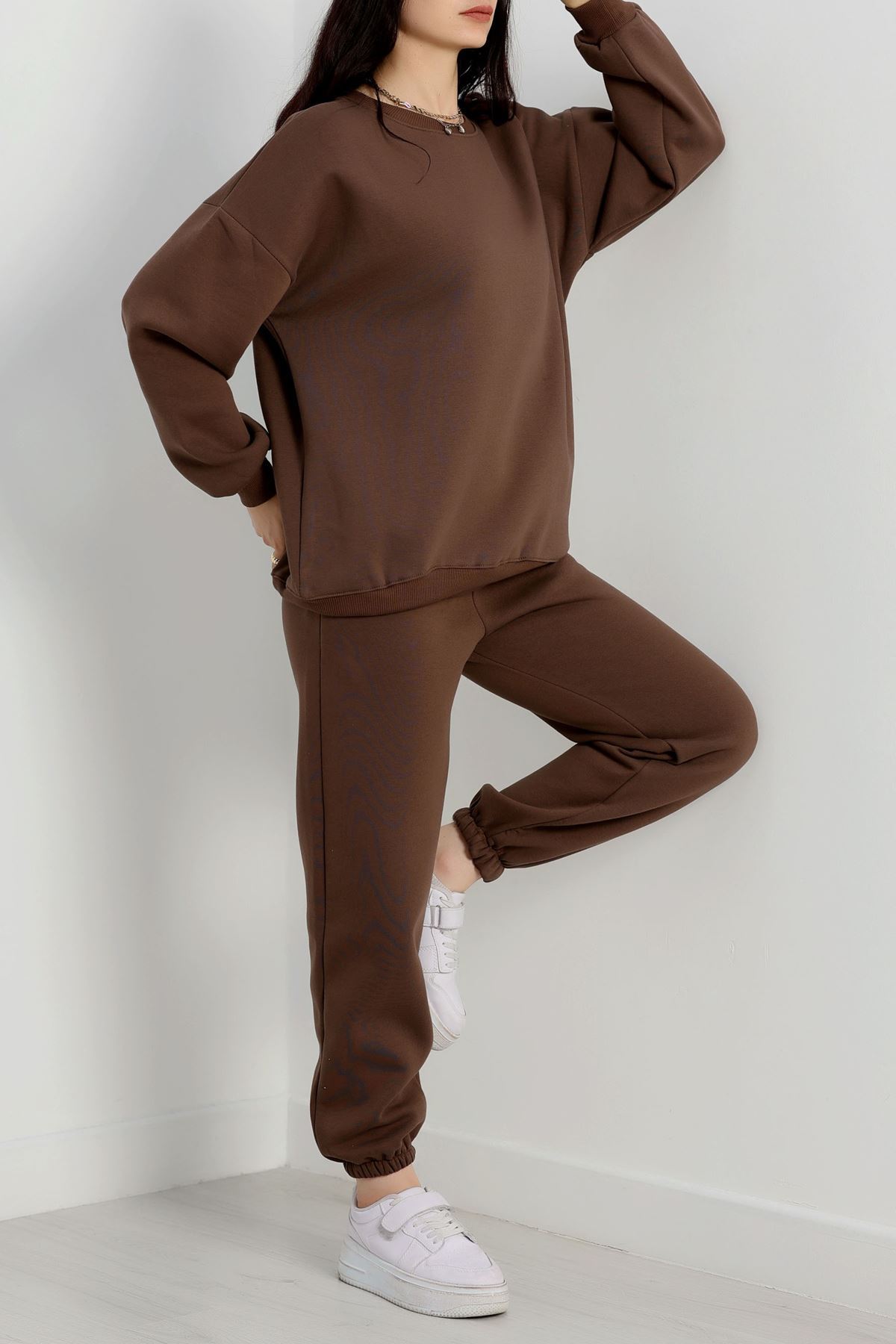 3 İplik Bisiklet Yaka Eşofman Takımı Kahve - 20779.1878.