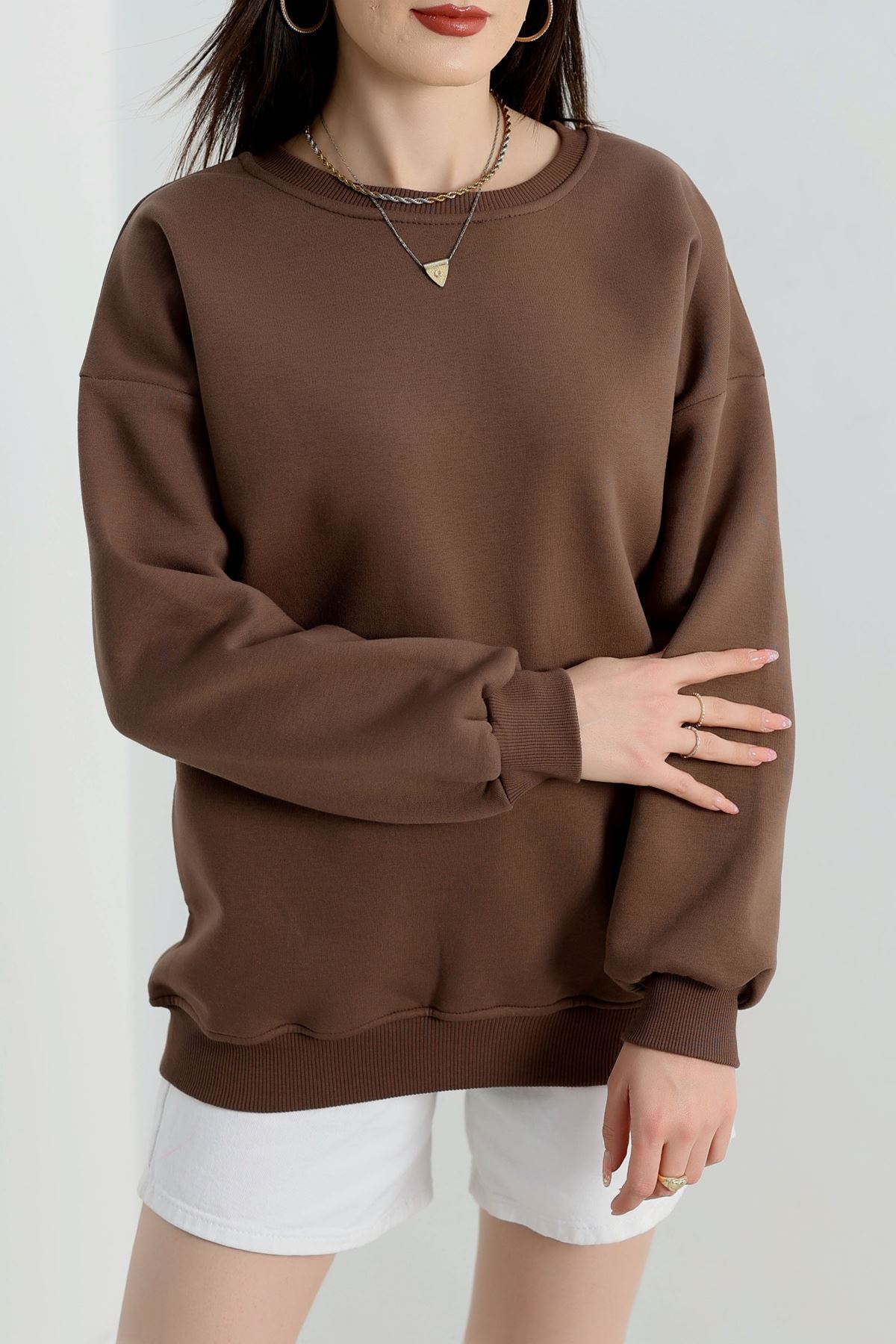 Bisiklet Yaka Üç İplik Sweat Kahve - 20138.1878.