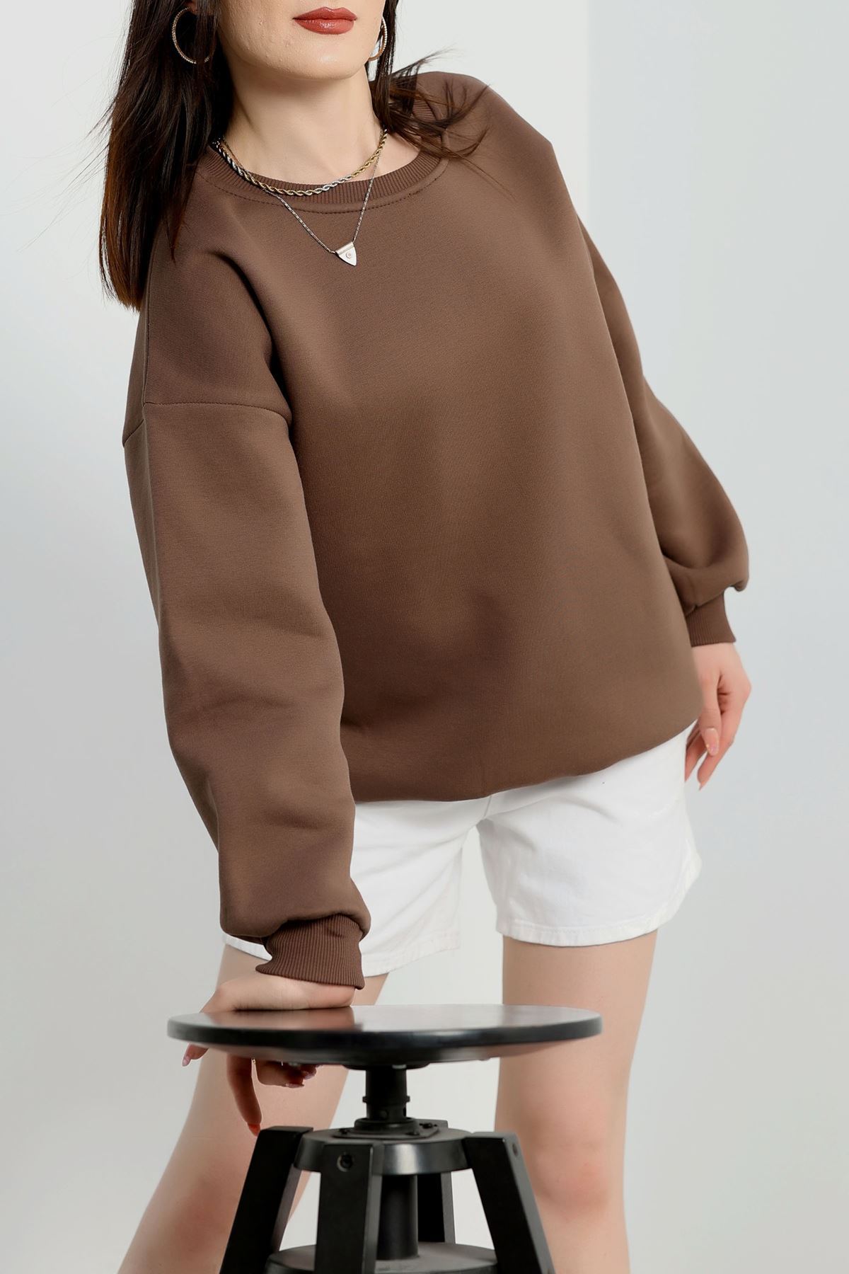 Bisiklet Yaka Üç İplik Sweat Kahve - 20138.1878.