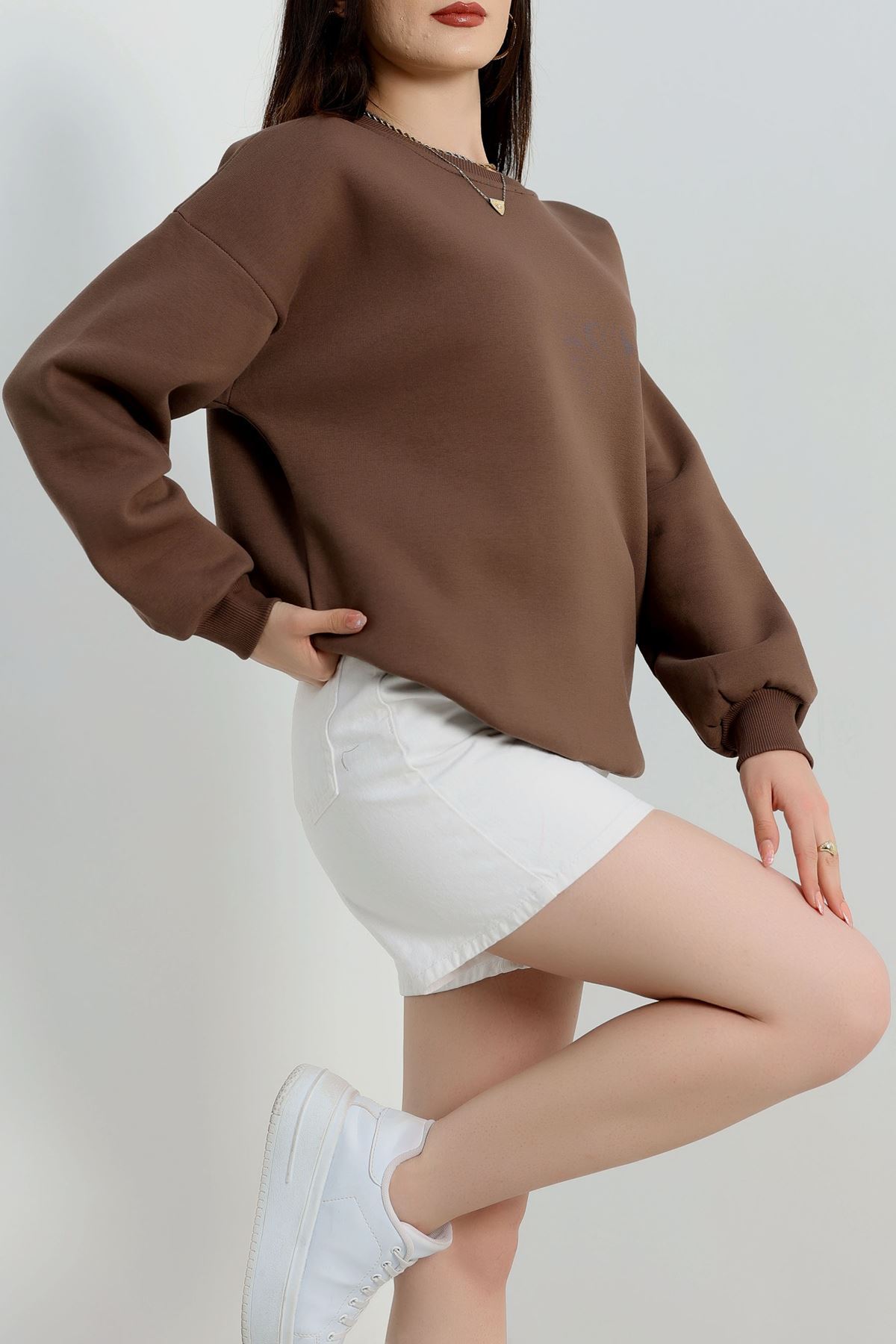 Bisiklet Yaka Üç İplik Sweat Kahve - 20138.1878.