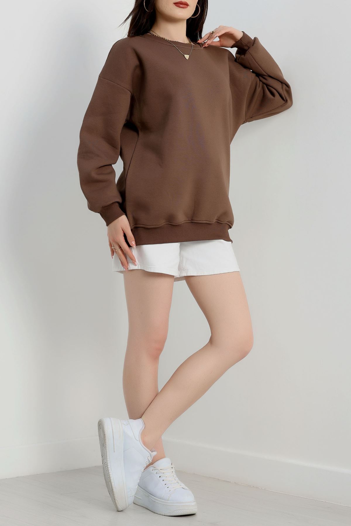 Bisiklet Yaka Üç İplik Sweat Kahve - 20138.1878.