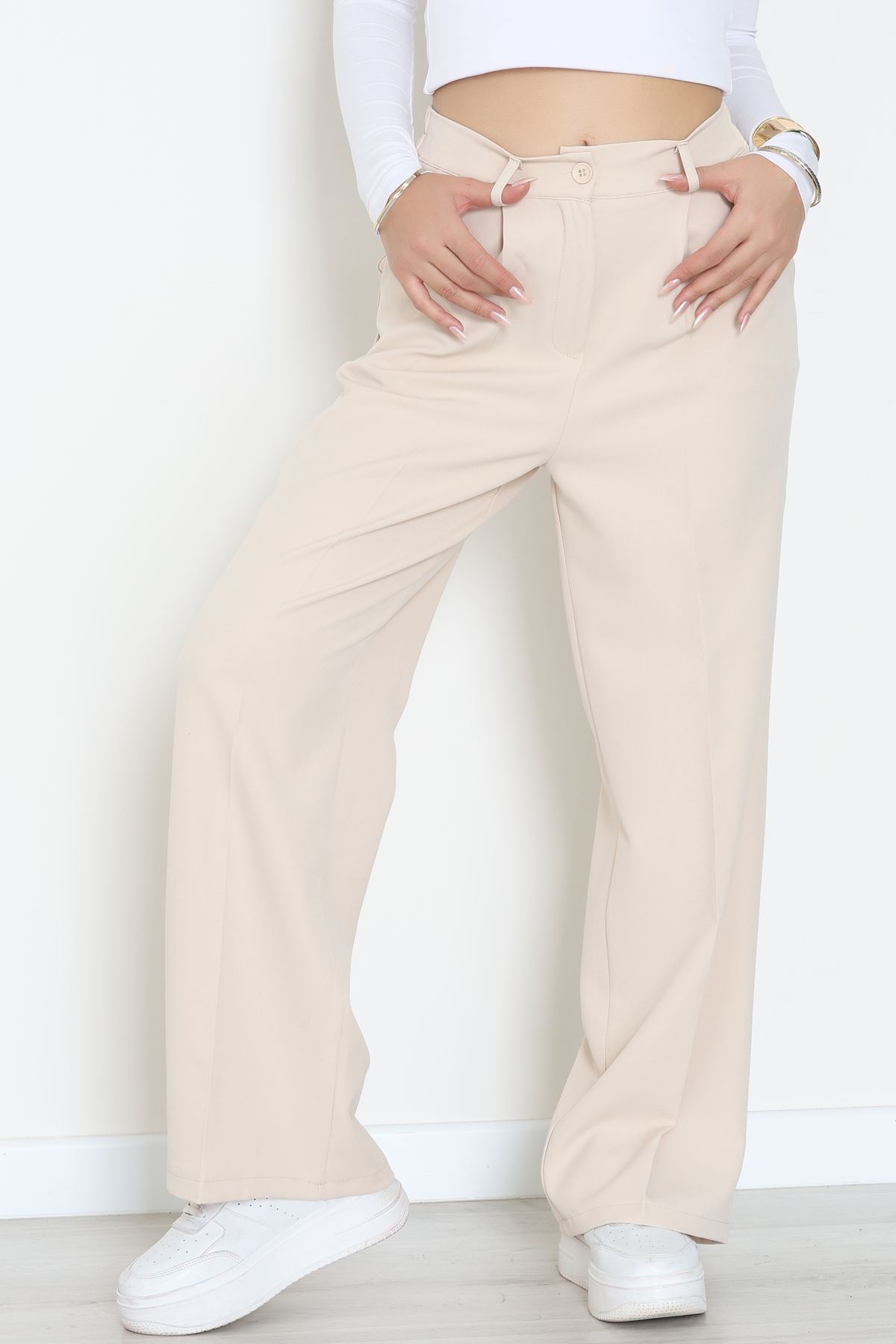 Dabıl Kumaş Bel Lastikli Palazzo Pantolon Bej - 2082.1991.