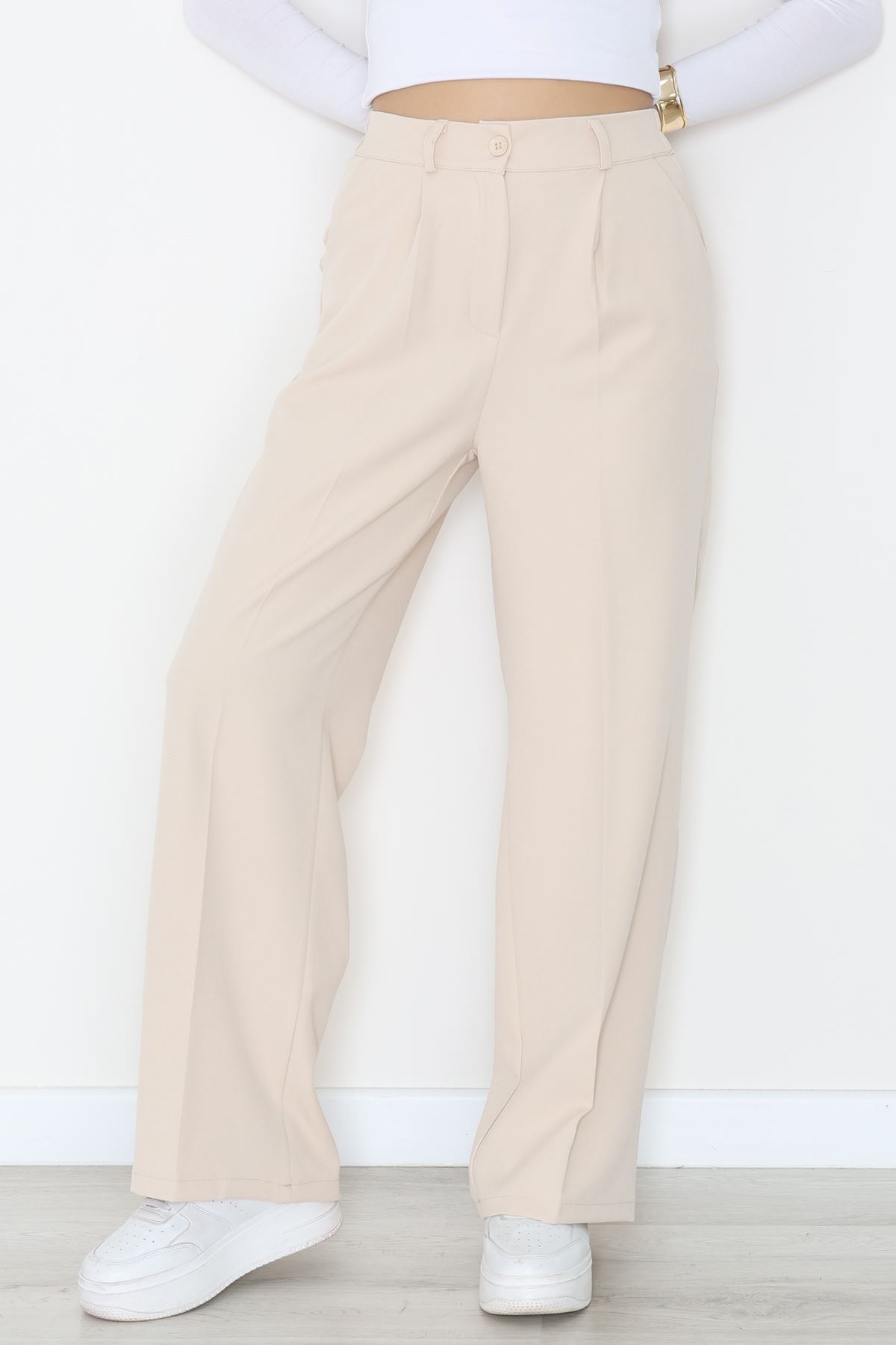 Dabıl Kumaş Bel Lastikli Palazzo Pantolon Bej - 2082.1991.