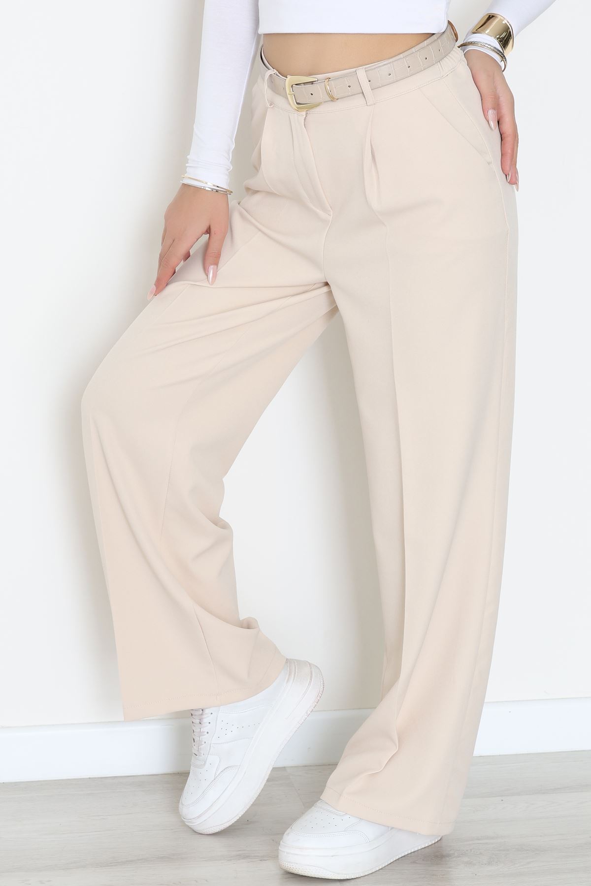 Dabıl Kumaş Bel Lastikli Palazzo Pantolon Bej - 2082.1991.
