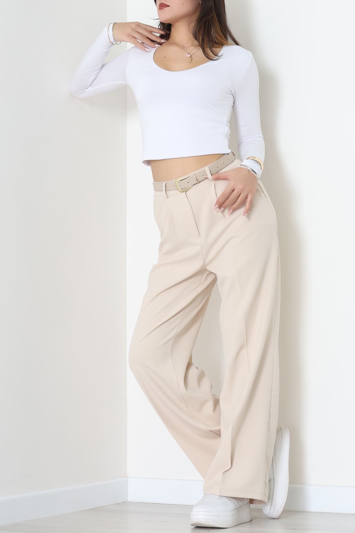 Dabıl Kumaş Bel Lastikli Palazzo Pantolon Bej - 2082.1991.