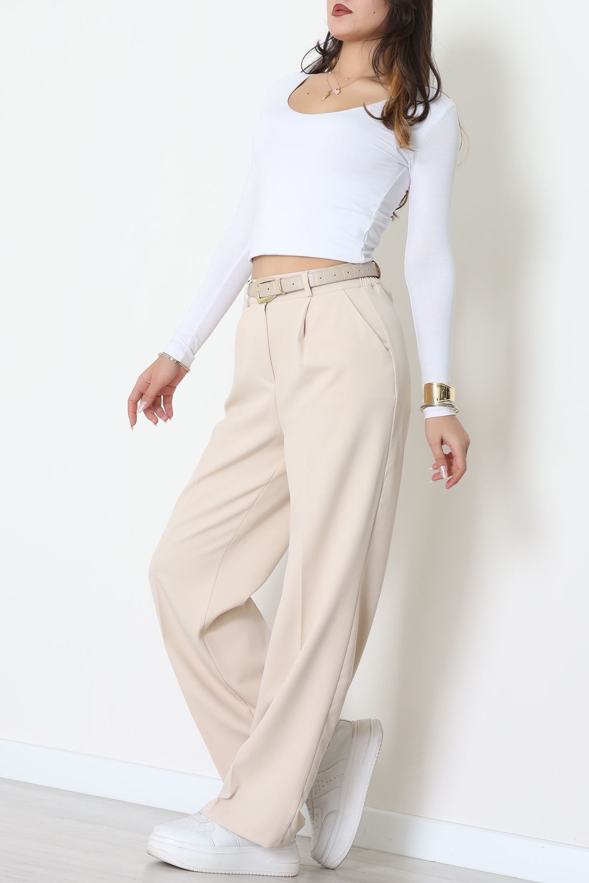 Dabıl Kumaş Bel Lastikli Palazzo Pantolon Bej - 2082.1991.