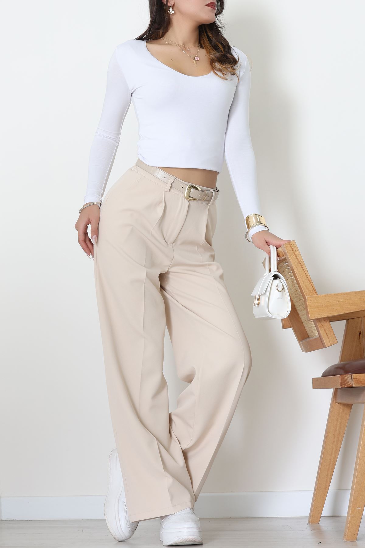 Dabıl Kumaş Bel Lastikli Palazzo Pantolon Bej - 2082.1991.