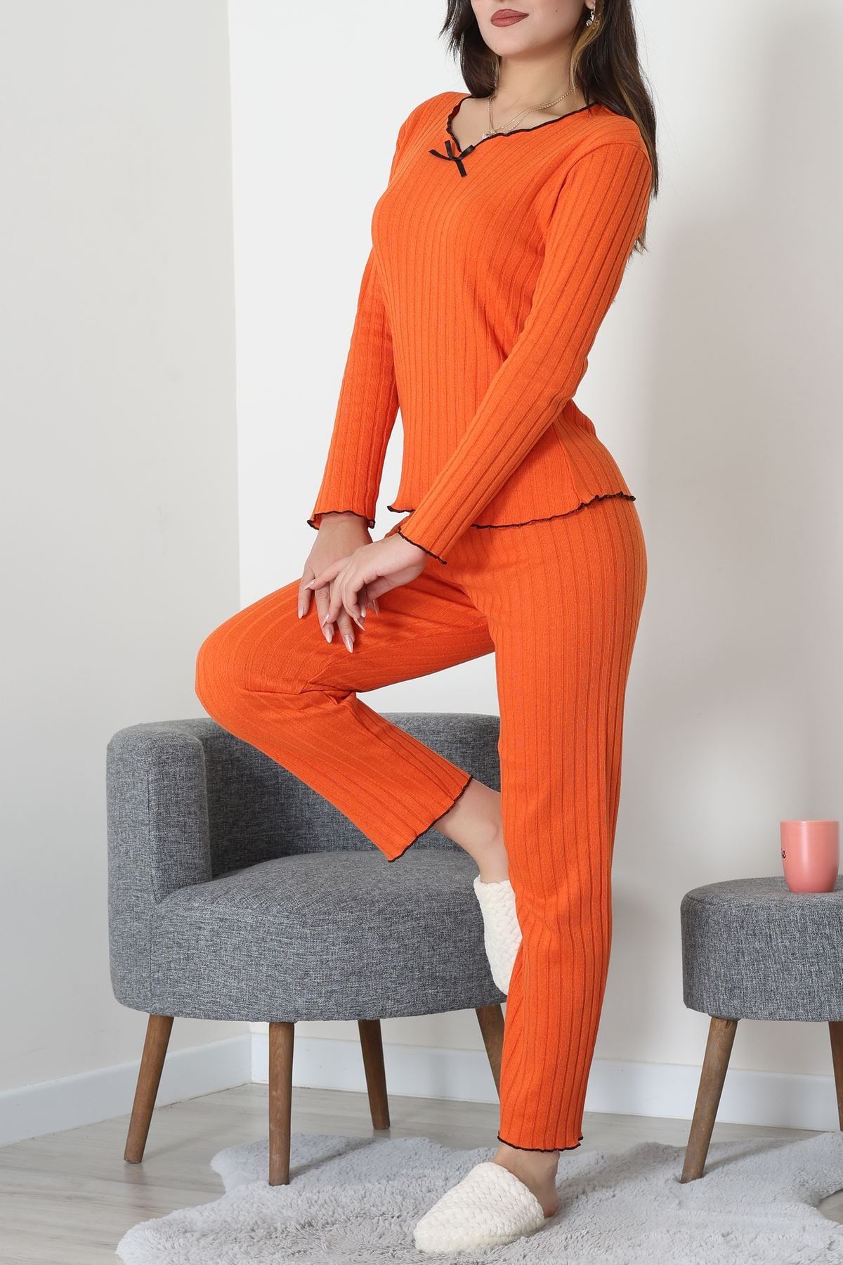 Fitilli İnterlok Pijama Takımı Oranj - 70796.1048.