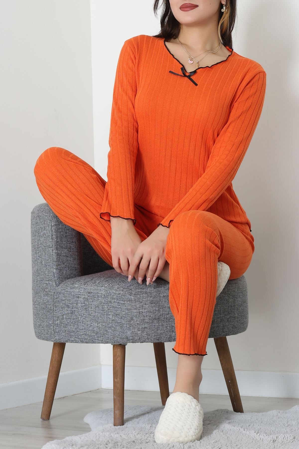 Fitilli İnterlok Pijama Takımı Oranj - 70796.1048.