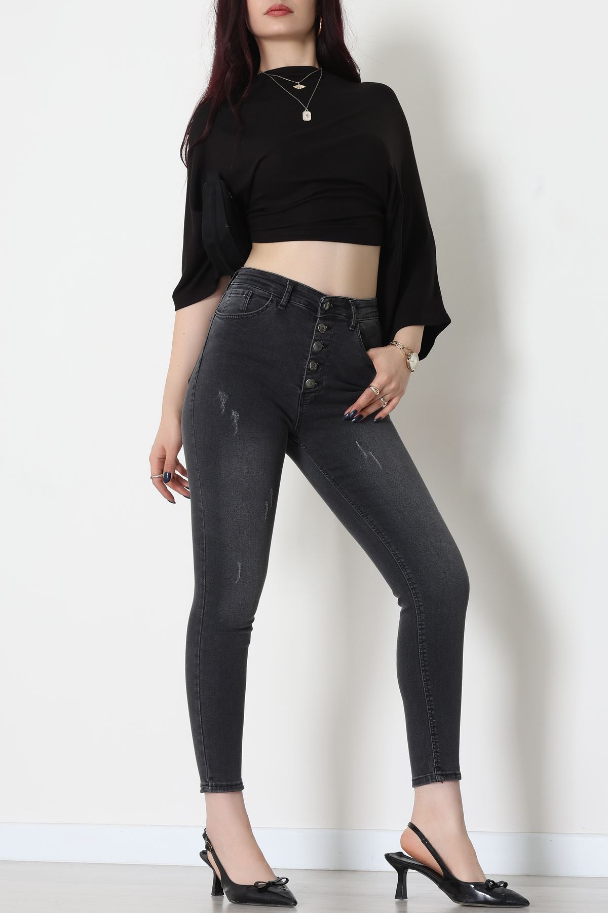 Düğmeli Dar Paça Kot Pantolon Füme - 42700.2121.