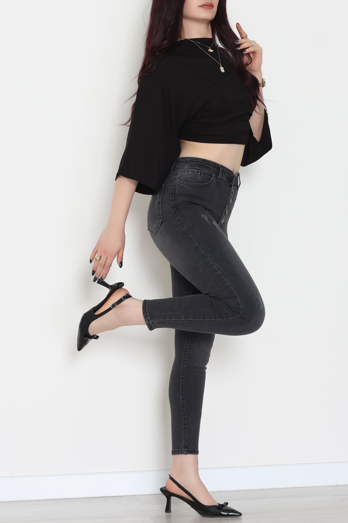 Düğmeli Dar Paça Kot Pantolon Füme - 42700.2121.