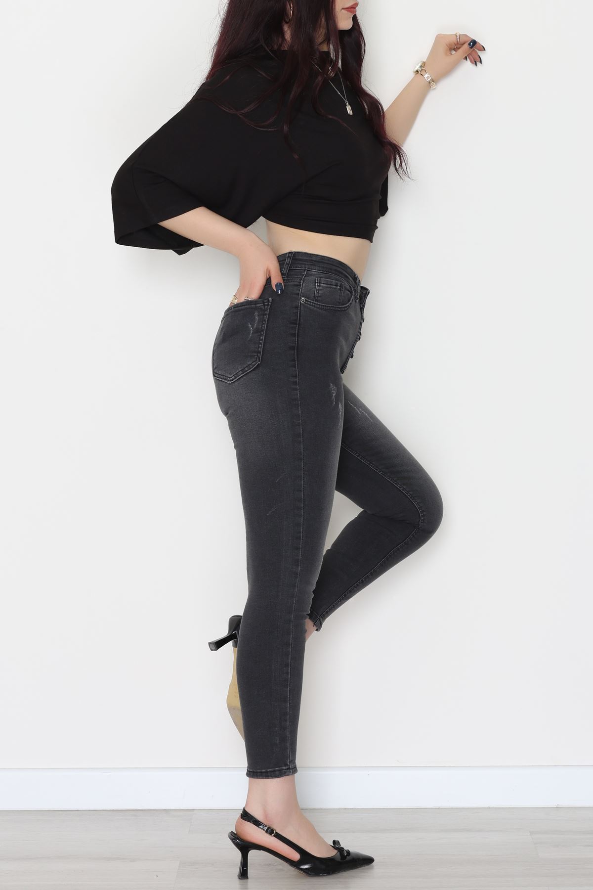 Düğmeli Dar Paça Kot Pantolon Füme - 42700.2121.