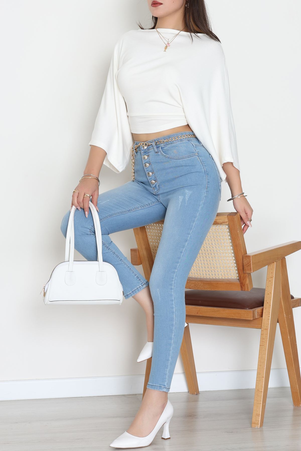 Düğmeli Dar Paça Kot Pantolon Açıkmavi - 42700.2121.