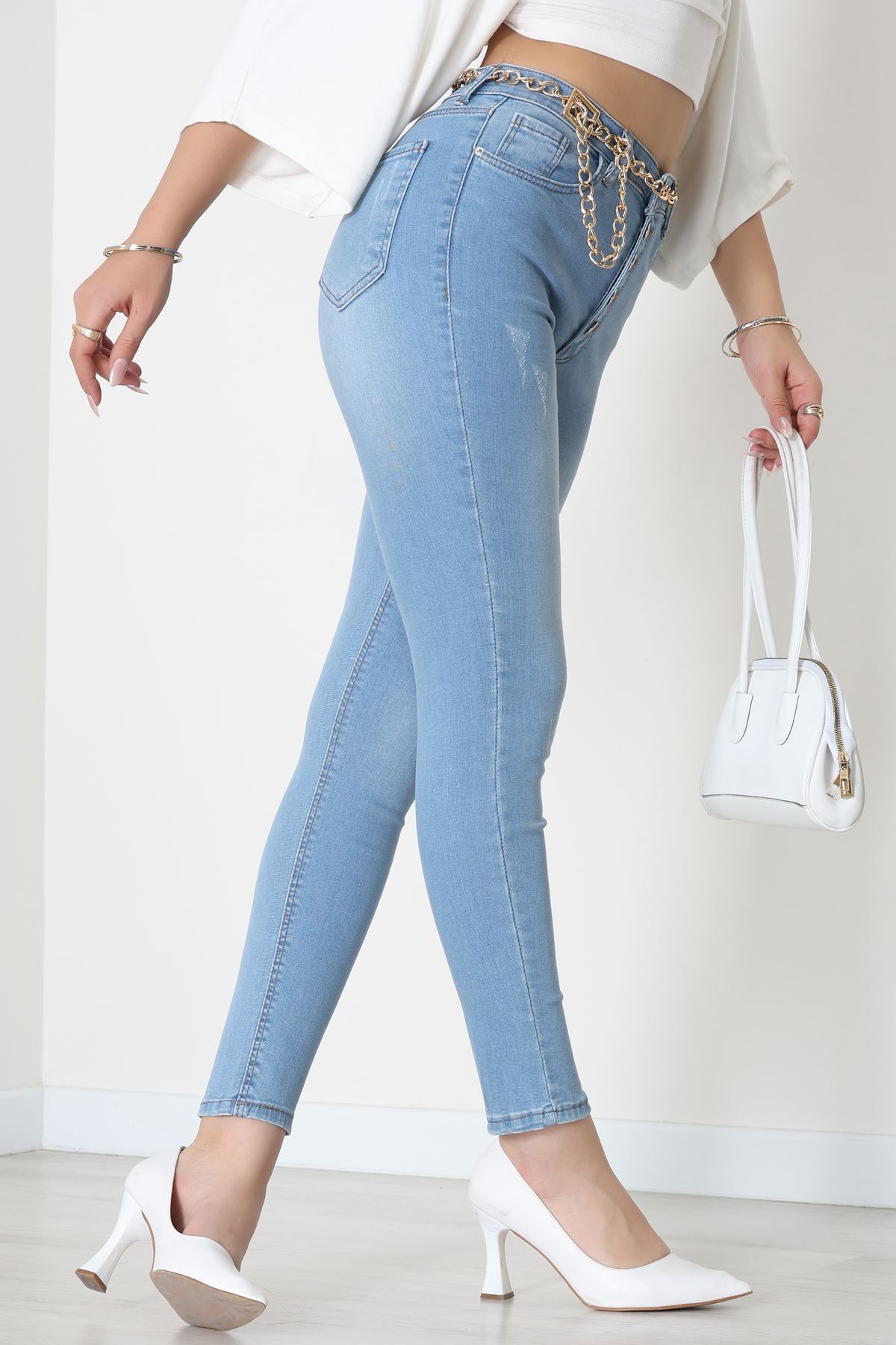 Düğmeli Dar Paça Kot Pantolon Açıkmavi - 42700.2121.