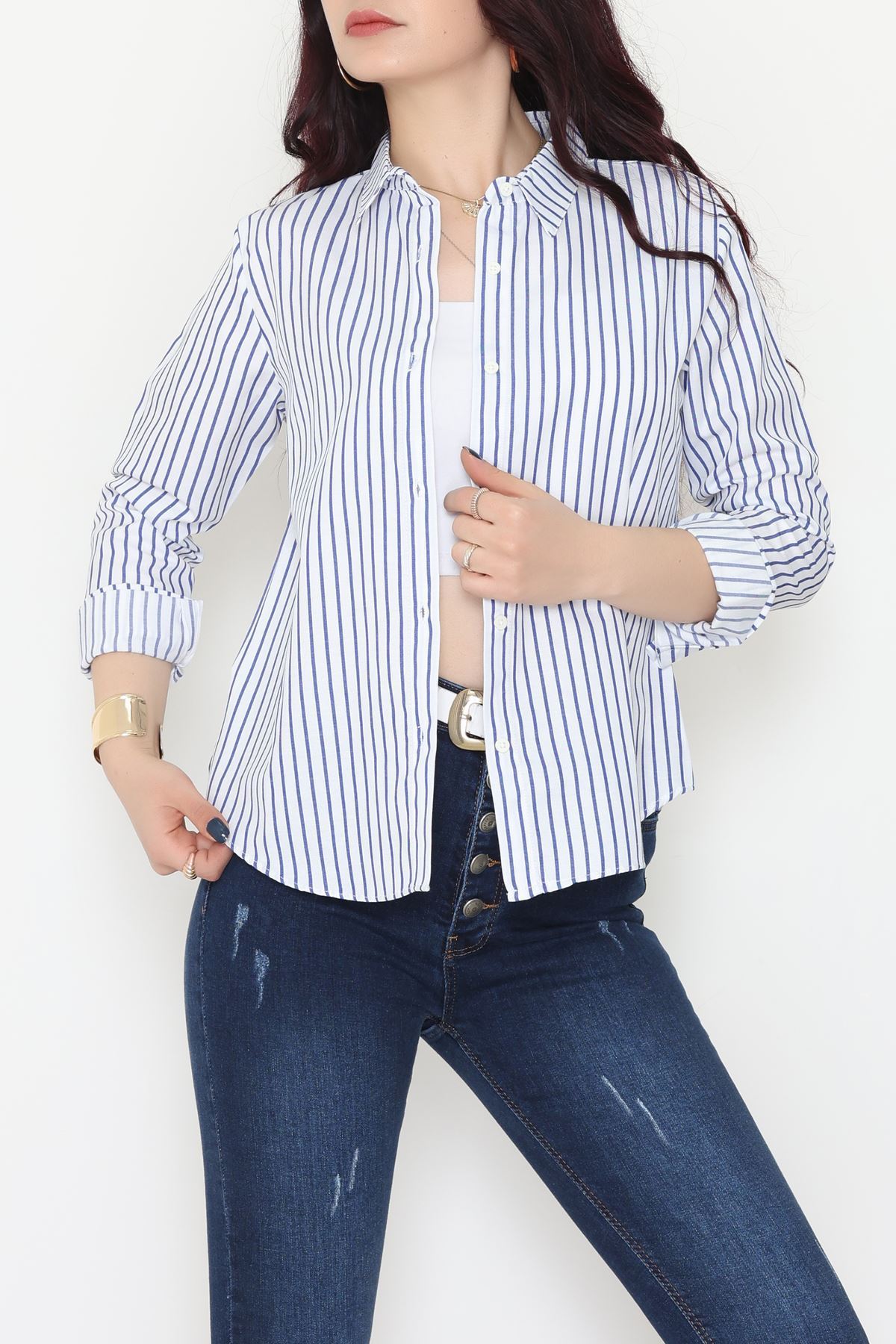 Pamuk Polyester Çizgili Gömlek Açıkmavibeyaz2 - 51064.147.