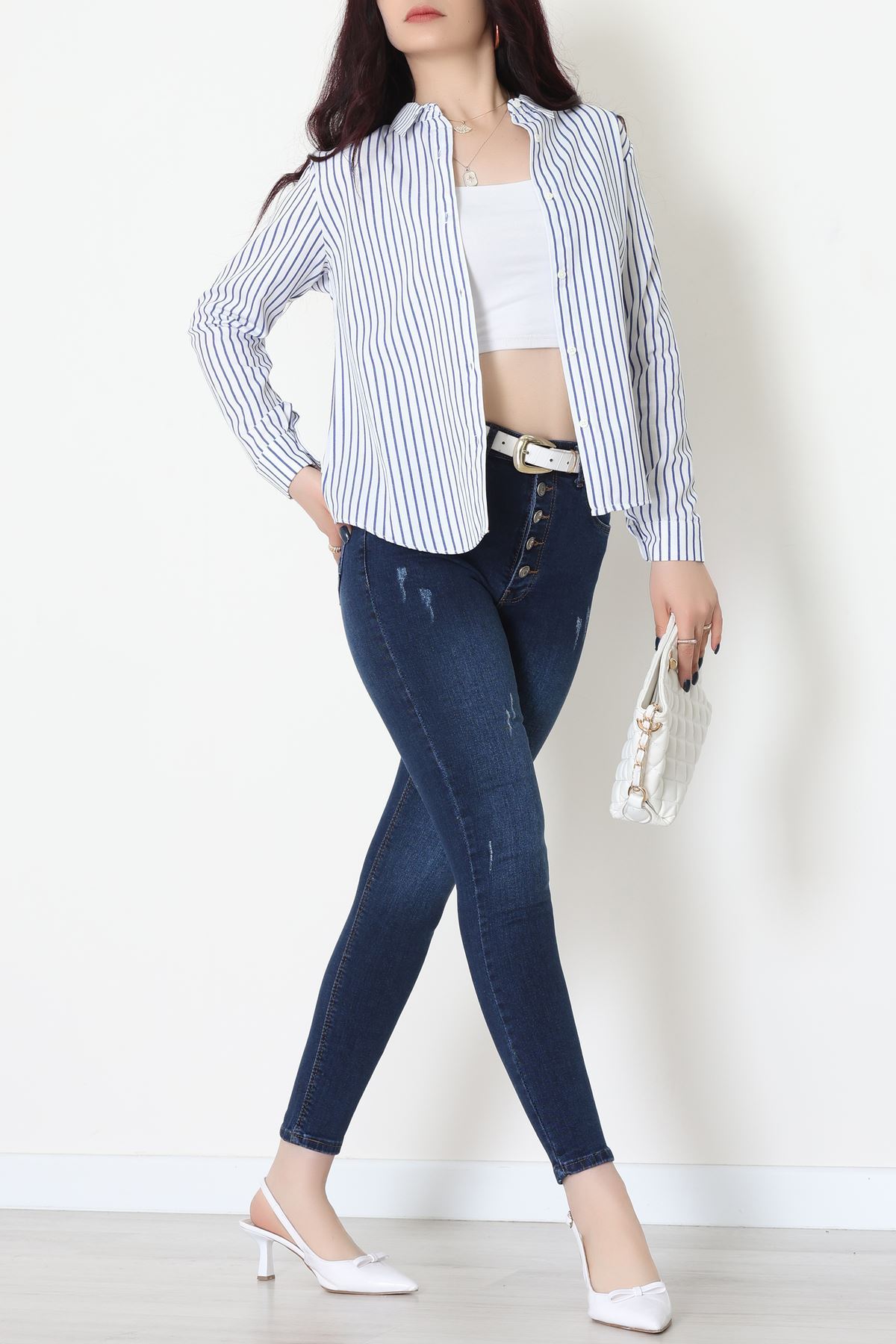 Pamuk Polyester Çizgili Gömlek Açıkmavibeyaz2 - 51064.147.