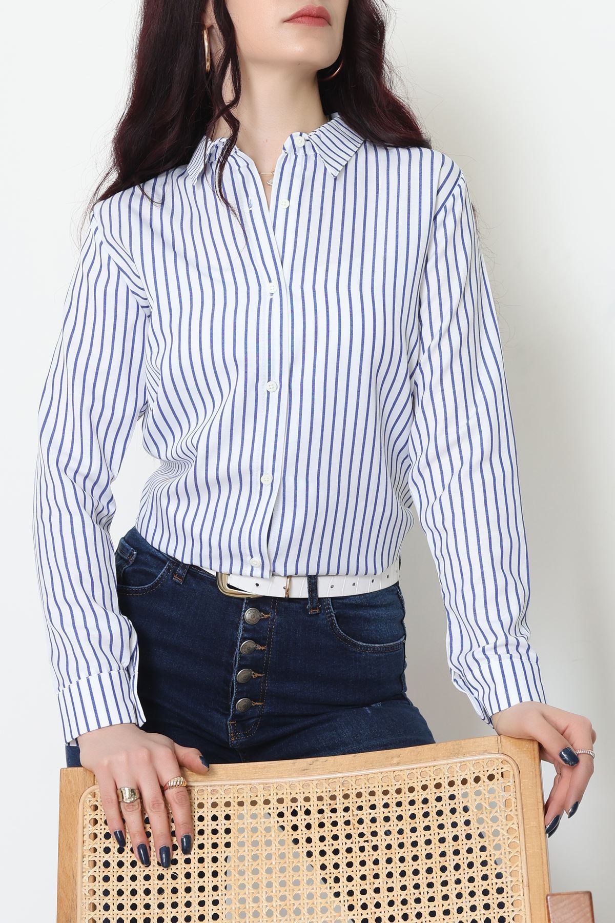 Pamuk Polyester Çizgili Gömlek Açıkmavibeyaz2 - 51064.147.