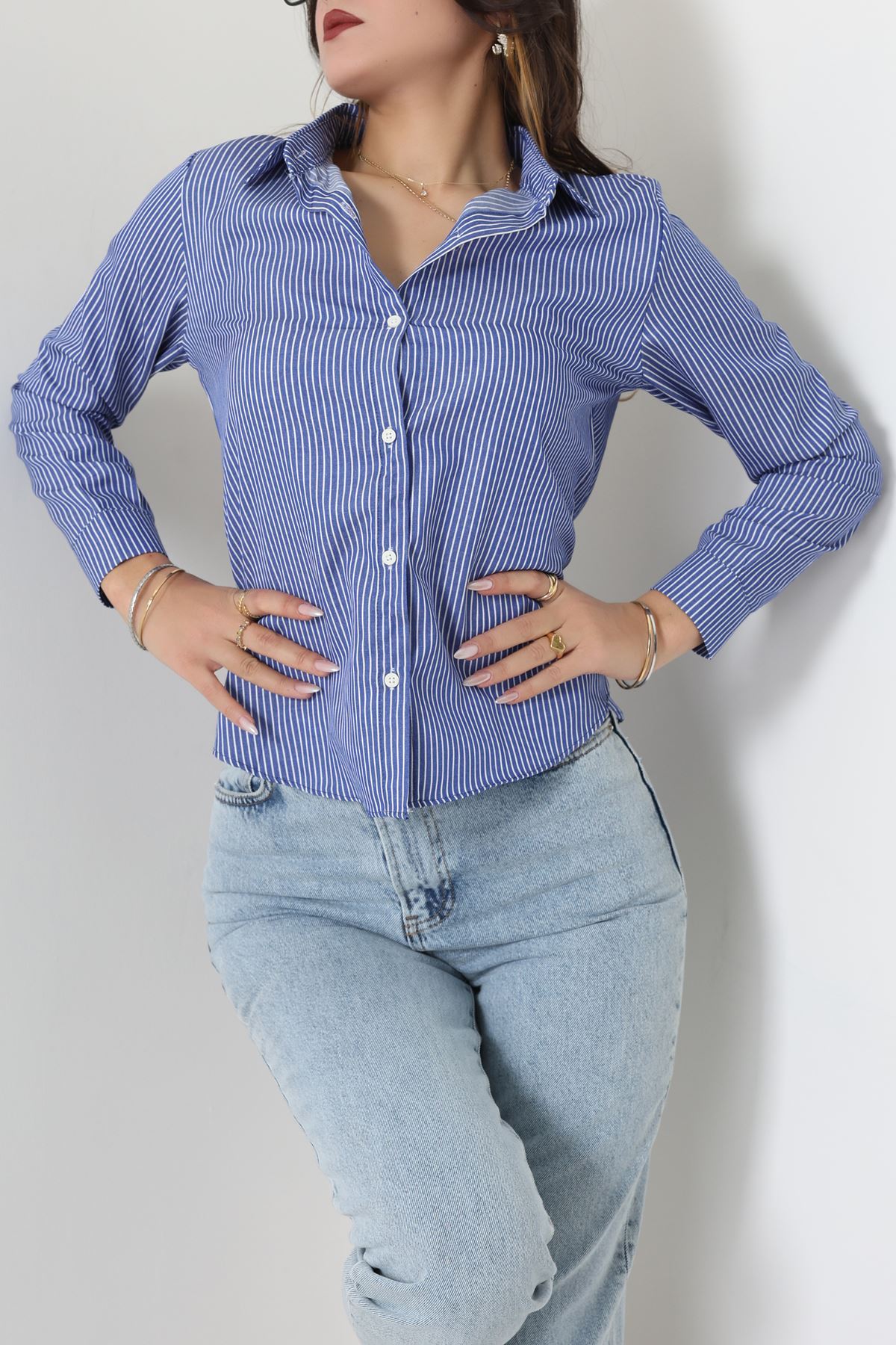 Pamuk Polyester Çizgili Gömlek Açıkmavibeyaz1 - 51064.147.